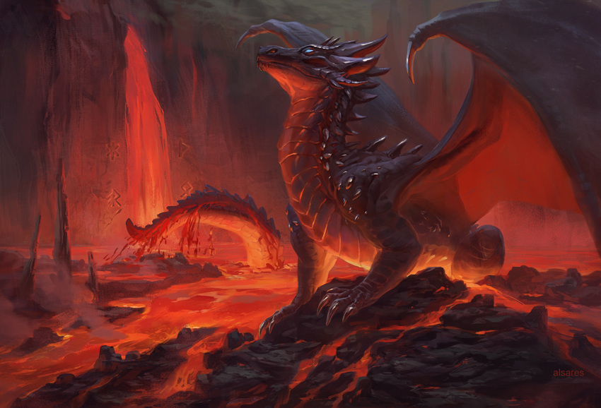 2021 alsares ambiguous_gender blue_eyes claws detailed detailed_background detailed_scales digital_media_(artwork) digital_painting_(artwork) dragon european_mythology feral finger_claws glowing glowing_eyes horn lava lava_pool lavafall membrane_(anatomy) membranous_wings mythological_creature mythological_scalie mythology outside red_glow red_theme runes scales scalie shaded sitting smoke solo spikes spikes_(anatomy) spines tail western_dragon wing_claws wings