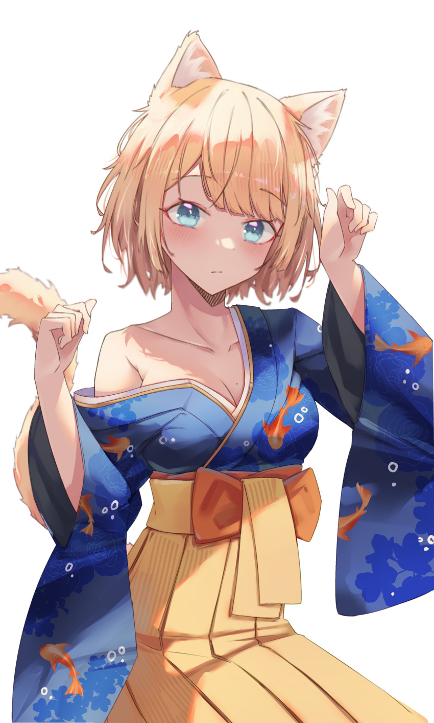 absurdres animal_ears animal_print blonde_hair blue_eyes blue_kimono breasts cat_ears commentary female fish_print goldfish_print hakama highres hololive hololive_english japanese_clothes kimono medium_hair messy_hair obi off_shoulder official_alternate_hairstyle paw_pose sash shironekokfp sitting skirt solo virtual_youtuber watson_amelia watson_amelia_(new_year) yellow_skirt yellow_tail yukata