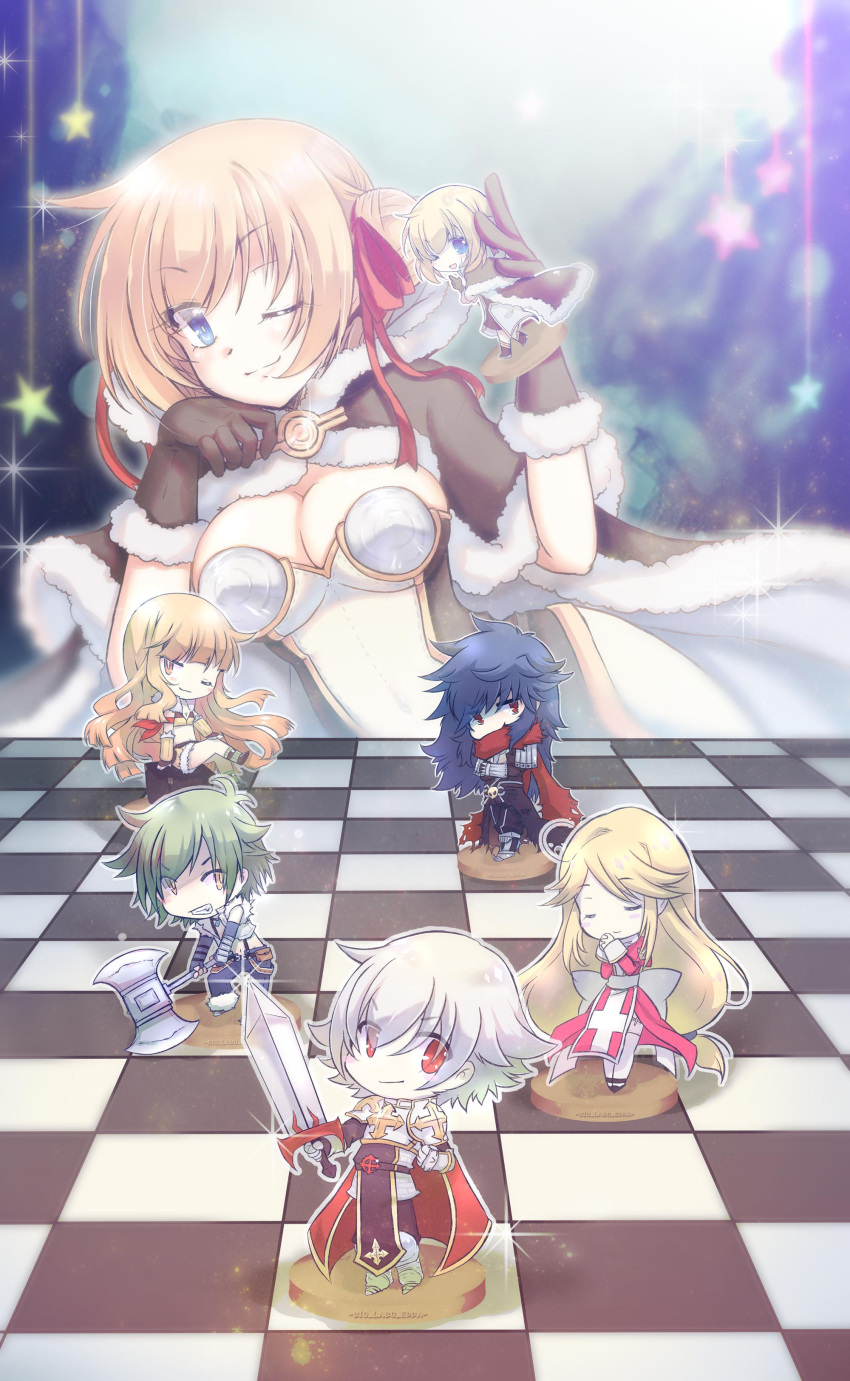 absurdres ahoge armband armor armored_boots assassin_cross_(ragnarok_online) axe black_cape black_footwear black_gloves black_pants black_shirt blonde_hair blue_eyes blue_hair blue_pants blunt_bangs boots bow breastplate breasts brown_cape brown_dress brown_footwear brown_gloves brown_shirt cape cecil_damon chessboard chibi cleavage clenched_hand clenched_teeth closed_eyes closed_mouth commentary_request crop_top double_bun dress eremes_guile female figure fingerless_gloves full_body fur-trimmed_cape fur-trimmed_gloves fur-trimmed_pants fur-trimmed_shirt fur-trimmed_shorts fur_trim gauntlets gloves green_hair hair_between_eyes hair_bun hair_ribbon head_rest high_heels high_priest_(ragnarok_online) high_wizard_(ragnarok_online) highres holding holding_axe holding_sword holding_weapon howard_alt-eisen jewelry juliet_sleeves kathryne_keyron large_bow large_breasts leg_armor long_hair long_sleeves looking_at_viewer lord_knight_(ragnarok_online) margaretha_sorin midriff necklace one_eye_closed open_clothes open_shirt own_hands_together pants pauldrons puffy_sleeves ragnarok_online red_cape red_dress red_eyes red_ribbon red_scarf ribbon sash scarf scarf_over_mouth seyren_windsor shirt short_dress short_hair short_shorts shorts shoulder_armor skull sleeveless sleeveless_shirt smile sniper_(ragnarok_online) sparkle star_(symbol) suspenders sword tabard tanono teeth torn_cape torn_clothes torn_scarf torn_sleeves two-tone_dress two-tone_gloves two-tone_shirt upper_body very_long_hair waist_cape weapon white_bow white_dress white_hair white_sash white_shirt whitesmith_(ragnarok_online) yellow_eyes yellow_gloves yellow_shirt yellow_shorts