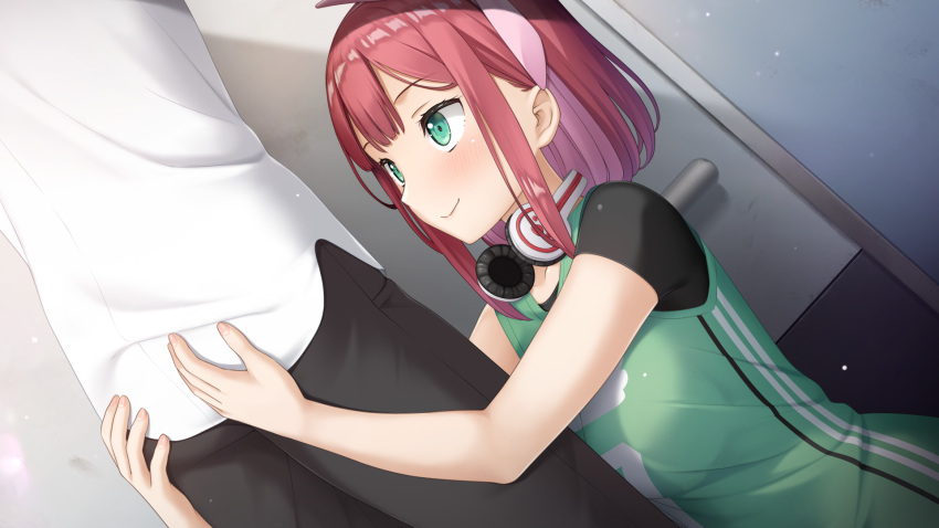 1boy basketball_uniform black_pants black_shirt blush bow closed_mouth collarbone colored_inner_hair dutch_angle female game_cg green_eyes green_shirt hairbow headphones headphones_around_neck highres imminent_fellatio indoors kamisama_no_you_na_kimi_e kantoku multicolored_hair pants pink_bow pink_hair red_hair shirt short_sleeves sleeveless sleeveless_shirt smile sonomura_hazuki sportswear straight white_shirt