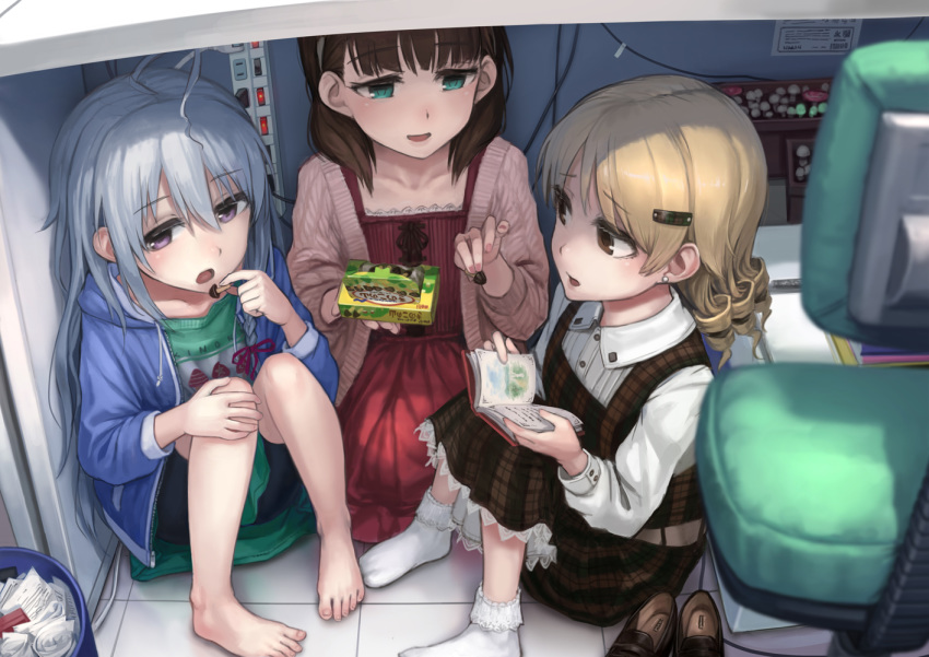 3girls ahoge aqua_eyes barefoot black_shorts blonde_hair blue_jacket brown_eyes brown_hair chair chocolate collarbone collared_shirt commentary dress drill_hair earrings eating feet fingernails food grey_hair hair_ornament hairclip hand_on_own_knee holding holding_food hoshi_syoko idolmaster idolmaster_cinderella_girls jacket jewelry kinoko_no_yama lif_(lif_&_ref) long_hair long_sleeves looking_at_another morikubo_nono multiple_girls no_shoes on_floor open_clothes open_jacket open_mouth photoshop_(medium) pink_nails plaid plaid_dress puffy_long_sleeves puffy_sleeves purple_eyes red_dress sakuma_mayu shirt shoes shorts sitting smile socks stud_earrings tile_floor tiles under_the_desk_(idolmaster) under_the_table unworn_shoes white_legwear white_shirt