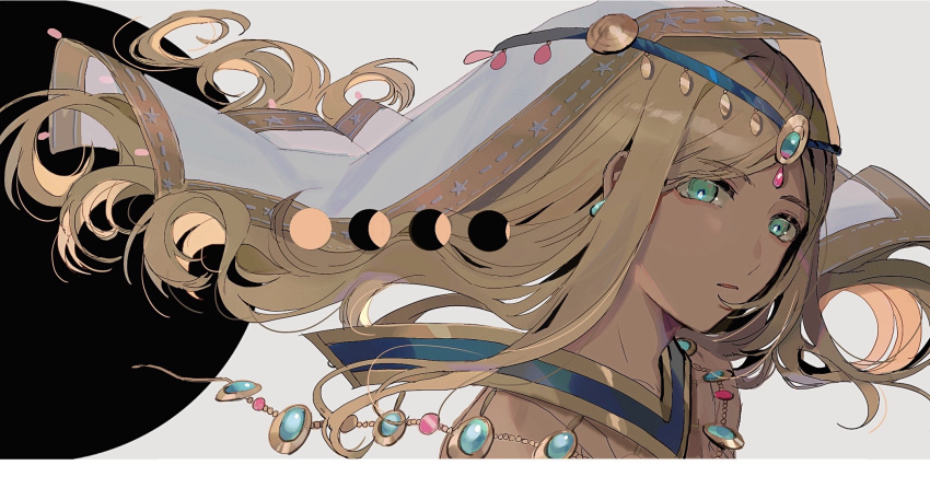 blonde_hair circlet dark-skinned_female dark_skin earrings female floating_hair from_side gem green_eyes hair_ornament head_tilt highres idolmaster idolmaster_cinderella_girls jewelry layla_(idolmaster) long_hair looking_at_viewer moon_phases necklace nima_(nimamann) parted_lips portrait ribbon_trim solo three_quarter_view veil