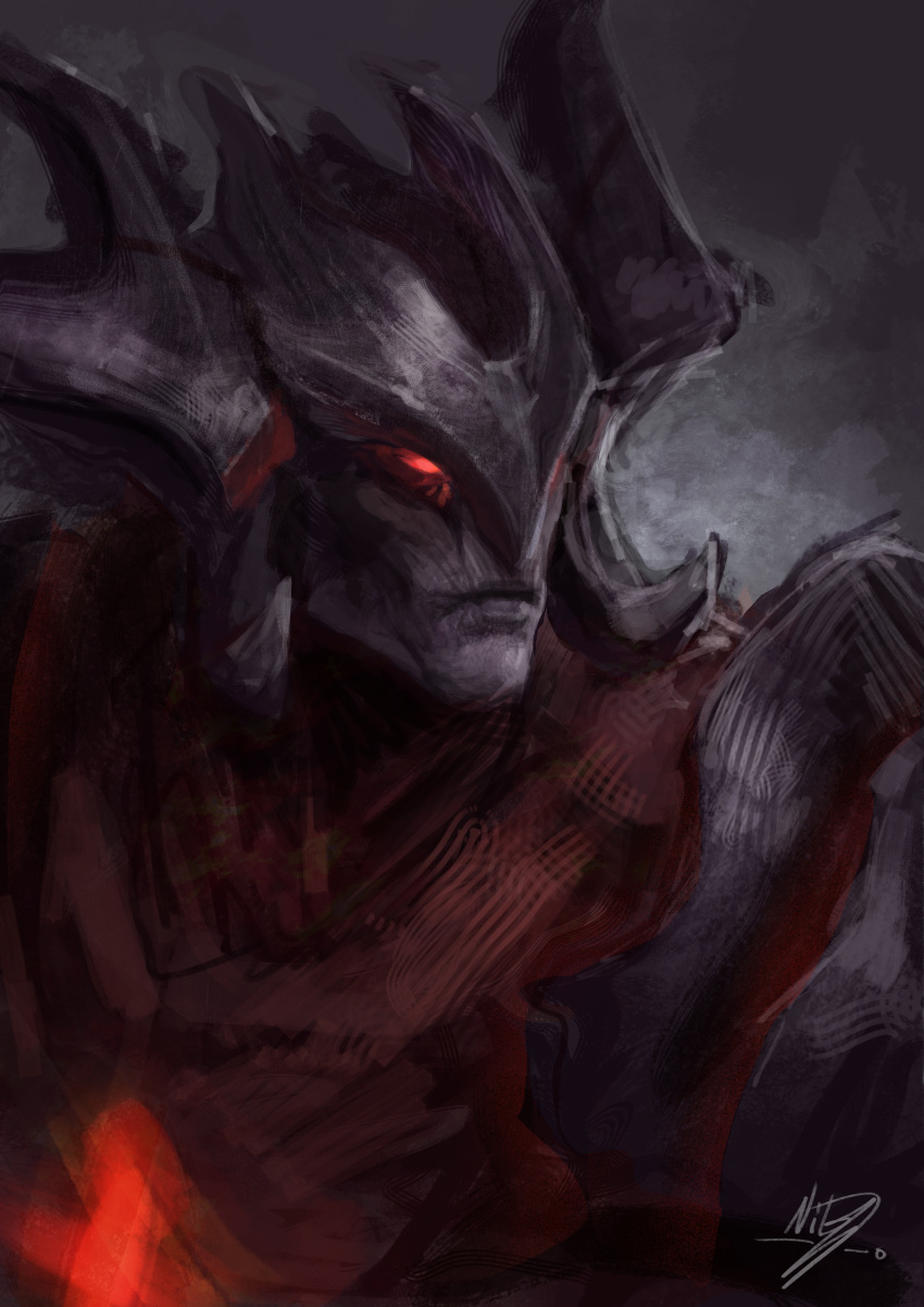 1boy aatrox absurdres closed_mouth colored_skin darkin_(league_of_legends) demon glowing glowing_eyes grey_skin highres hoken45 league_of_legends male_focus painterly red_eyes red_skin signature solo upper_body