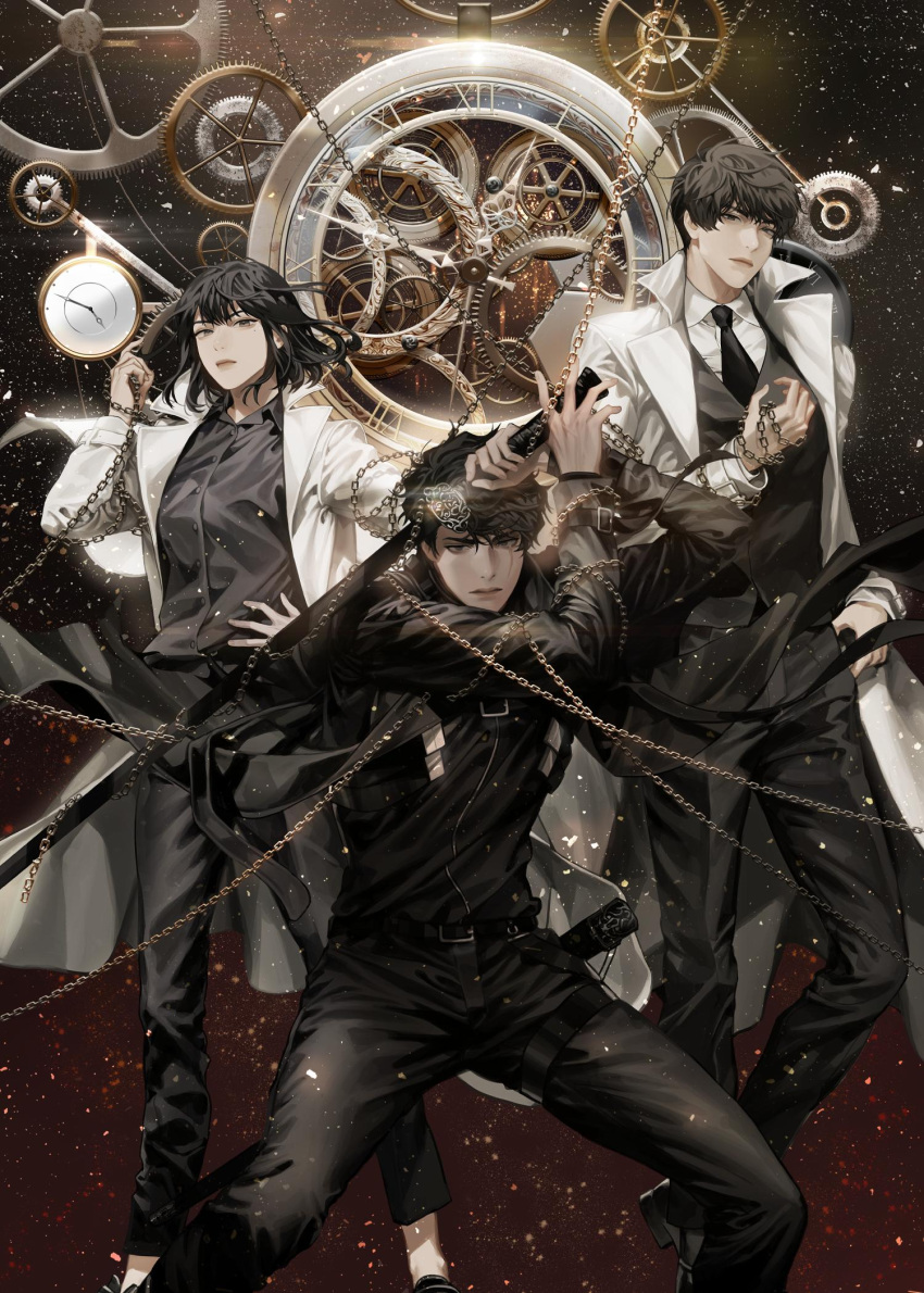 2boys black_hair black_necktie black_shirt blackbox_(blackbox9158) chain_around_arm chains clockwork collared_shirt cover cover_page female fighting_stance gears han_sooyoung highres holding holding_chain holding_sword holding_weapon jacket kim_dokja korean_commentary long_sleeves looking_at_viewer mole mole_under_eye multiple_boys necktie novel_cover official_art omniscient_reader's_viewpoint pants scar scar_across_eye serious shirt short_hair suit_jacket sword textless_version unsheathed waistcoat weapon white_jacket wrist_belt yoo_joonghyuk