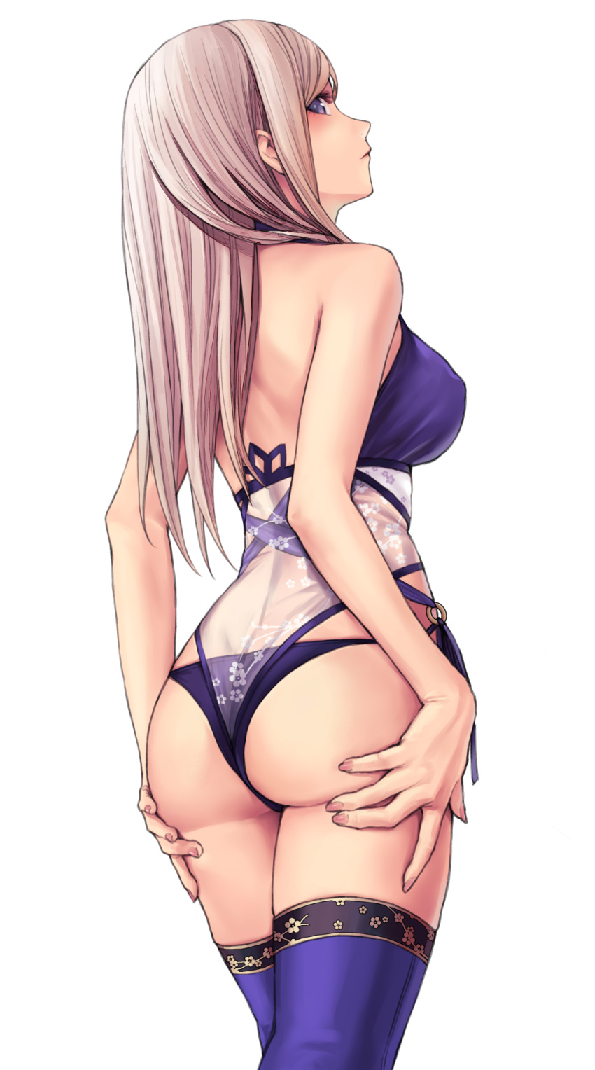 applekun ass ass_grab back bikini blue_eyes breasts cherry_blossom_print embroidered_legwear fate/grand_order fate_(series) female floral_print from_behind grabbing_own_ass hair_down highres large_breasts long_hair miyamoto_musashi_(fate) miyamoto_musashi_(swimsuit_berserker)_(fate) miyamoto_musashi_(swimsuit_berserker)_(third_ascension)_(fate) o-ring o-ring_bikini pink_hair see-through solo swimsuit thighhighs