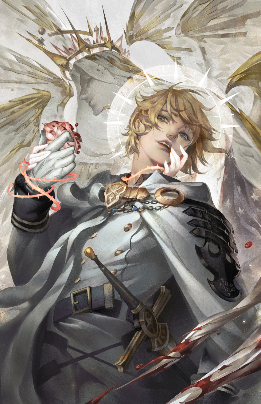 1boy absurdres angel angel_wings armor belt blonde_hair blood blue_eyes cape crown gloves halo hand_on_another's_cheek hand_on_another's_face hand_on_another's_hand highres holding hyakuya_mikaela long_sleeves looking_at_viewer looking_down male_focus multiple_wings owari_no_seraph parted_lips pauldrons short_hair shoulder_armor solo_focus sword thorns upper_body weapon white_cape white_gloves wings xinillus