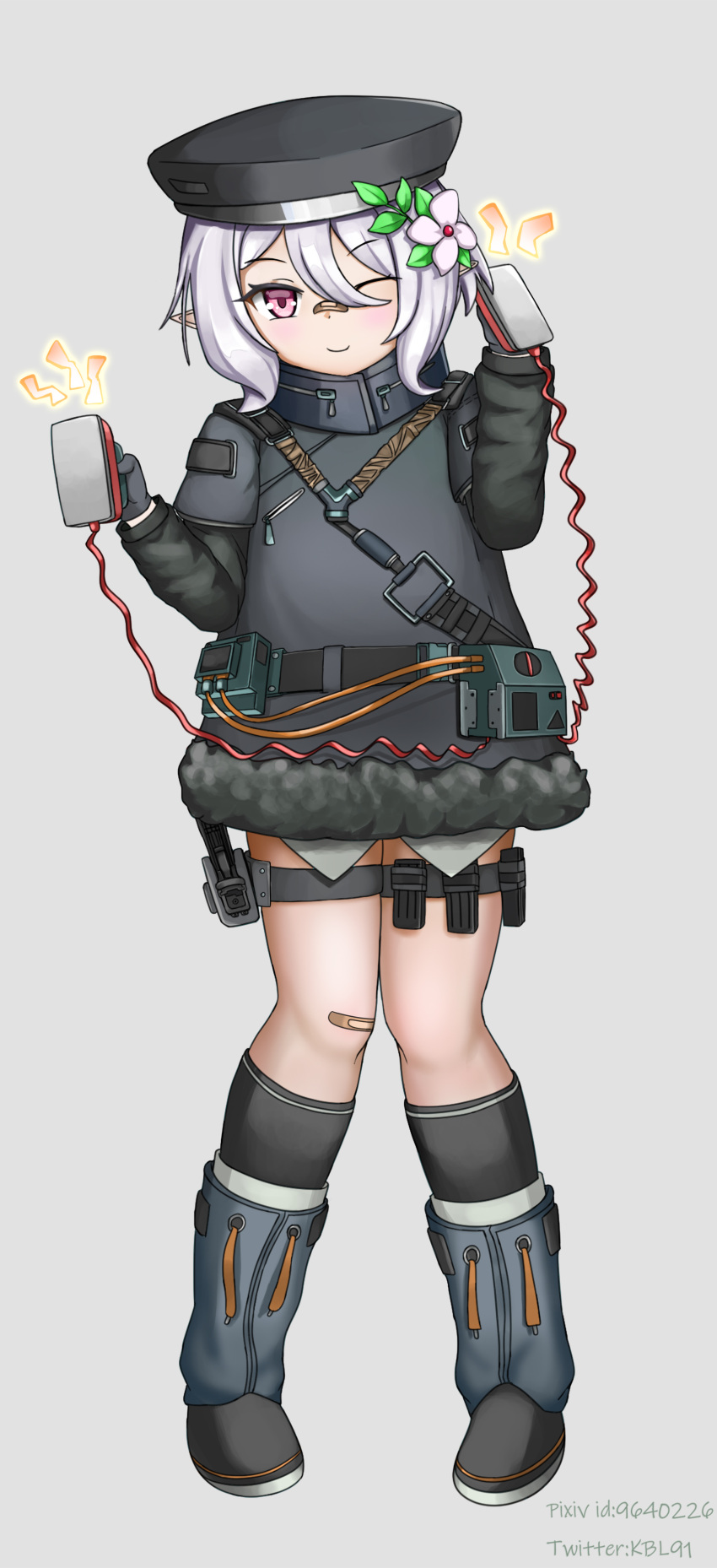 absurdres bandaid bandaid_on_face bandaid_on_knee bandaid_on_leg bandaid_on_nose blush closed_mouth commentary_request cosplay defibrillator elf female flower full_body fur_trim girls'_frontline gun hair_between_eyes hair_flower hair_ornament handgun hat highres holding hs2000 hs2000_(girls'_frontline) hs2000_(girls'_frontline)_(cosplay) isssboy kokkoro_(princess_connect!) korean_commentary leaf_hair_ornament one_eye_closed pink_eyes pointy_ears princess_connect! short_hair smile solo thigh_strap weapon white_hair