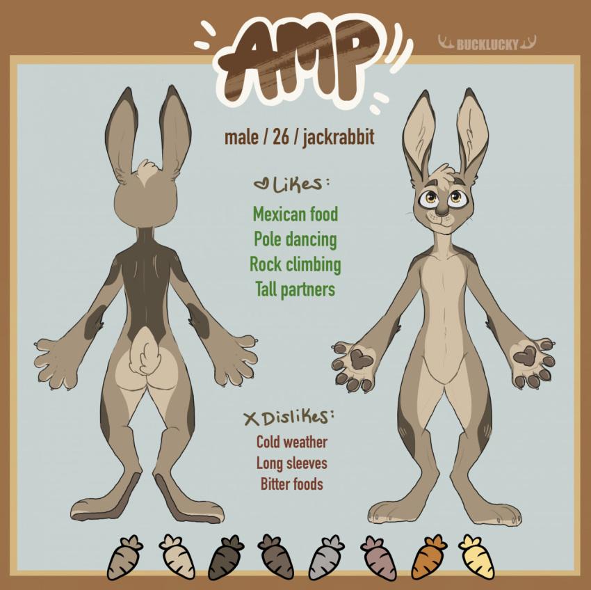 anthro artist_name ass brown_body brown_fur bucklucky closed_smile color_swatch english_text featureless_crotch front_view fur glistening glistening_eyes hi_res lagomorph leporid long_ears male mammal model_sheet mouth_closed nude orange_eyes rabbit rear_view scut_tail short_tail smile solo standing tail tan_body tan_fur text