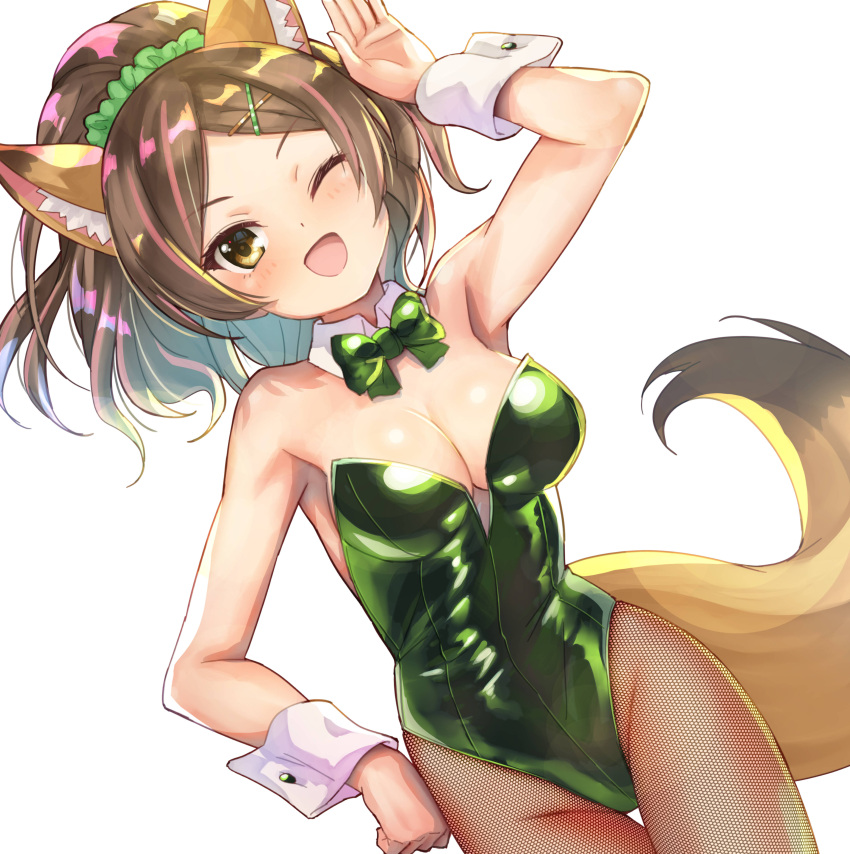 ;d absurdres animal_ear_fluff animal_ears arm_up armpits blush bow breasts brown_eyes brown_hair collar cowboy_shot detached_collar female fishnet_pantyhose fishnets fox_ears fox_girl fox_tail green_bow green_leotard green_scrunchie groin hair_ornament hair_scrunchie hairclip hand_on_own_hip high_ponytail highres kittun_(show_by_rock!!) leotard looking_at_viewer nyama one_eye_closed pantyhose parted_bangs ponytail scrunchie show_by_rock!! simple_background smile solo strapless strapless_leotard tail thigh_gap white_background white_collar wing_collar wrist_cuffs x_hair_ornament