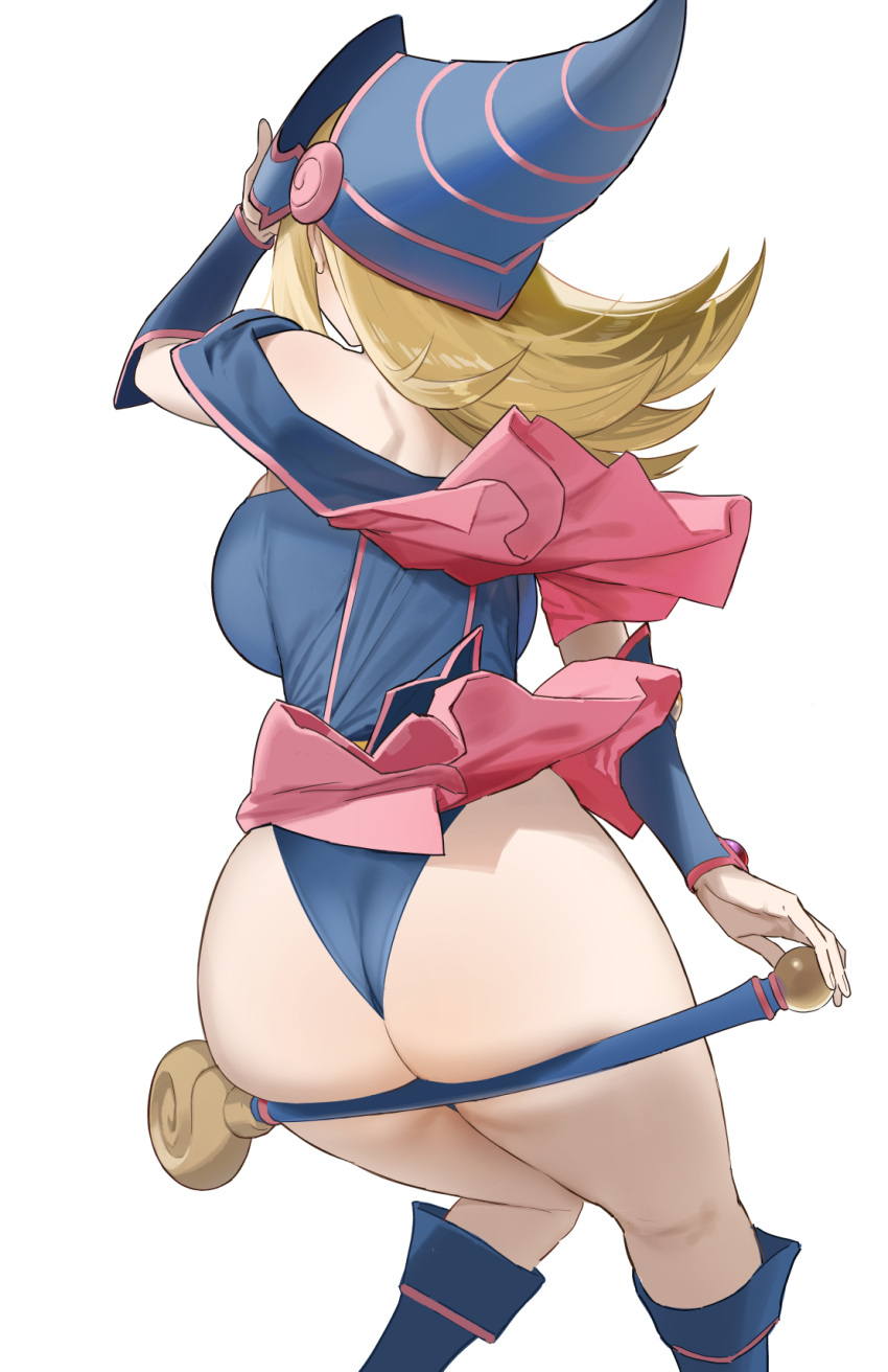 ass bare_shoulders blonde_hair blue_dress blue_panties boots breasts capelet dark_magician_girl dress duel_monster duplicate female fingernails from_behind hand_up hat highres large_breasts long_hair panties pink_capelet pixel-perfect_duplicate shinjiro short_dress simple_background solo staff thighs underwear white_background wizard_hat yu-gi-oh!