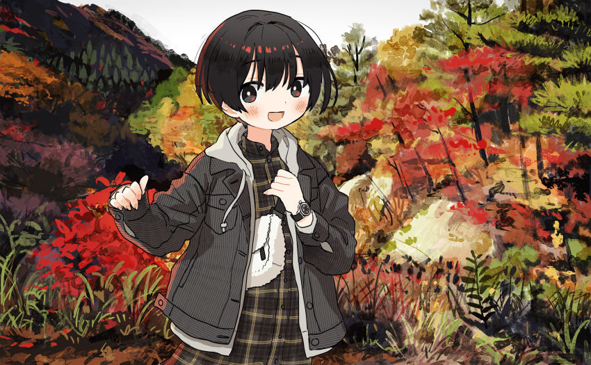 :d absurdres autumn autumn_leaves black_hair dress female highres jacket maven mountain nature open_mouth original outdoors plaid plaid_dress short_hair sleeves_past_wrists smile solo tree watch wristwatch zinbei