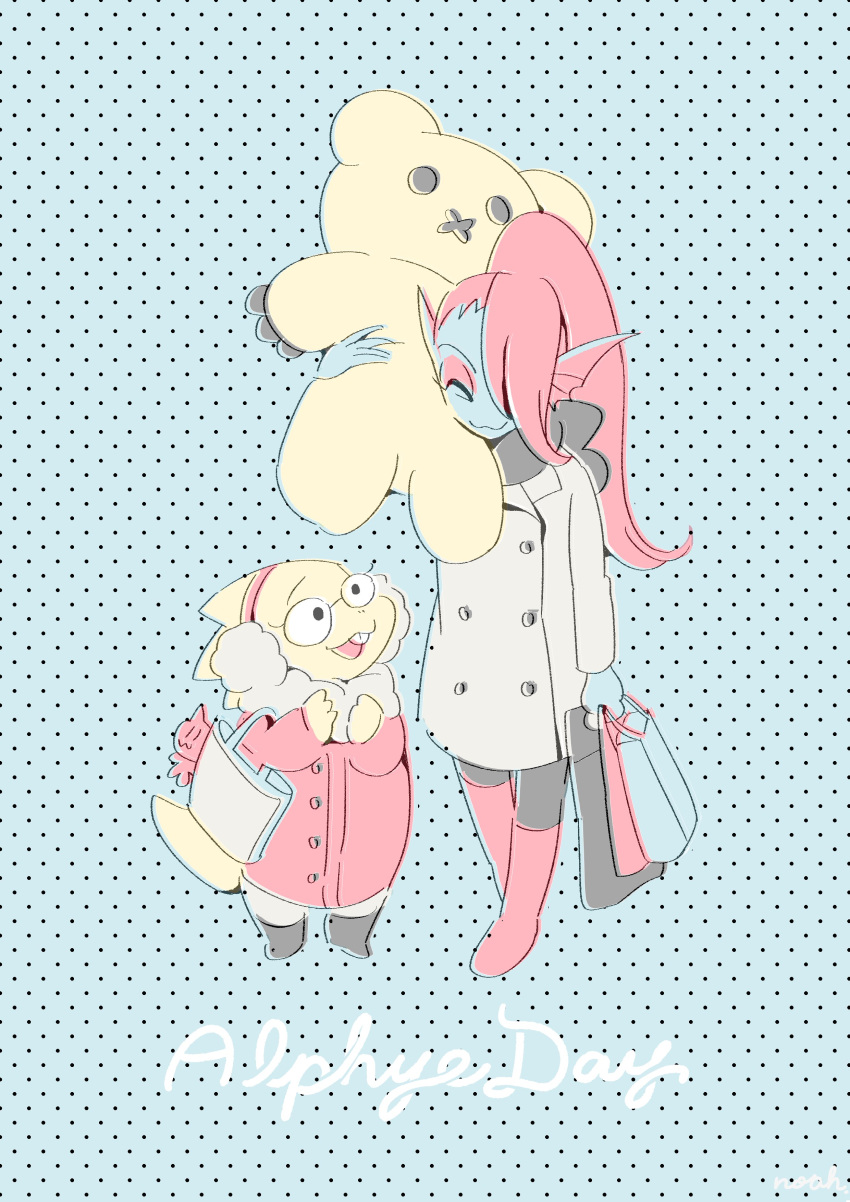 absurd_res alphys animal_humanoid bag bangs big_plushie blue_body boots buckteeth clothed clothing coat digital_media_(artwork) dotted_background duo ear_fins ear_frill earmuffs english_text eyelashes eyeshadow eyewear female fin fish fish_humanoid footwear frill_(anatomy) front_view fully_clothed glasses grey_clothing grey_coat grey_topwear hair hair_over_eye happy head_spikes hi_res holding_bag holding_object holding_plushie humanoid larger_female lizard lizard_tail long_hair looking_at_another makeup marine marine_humanoid noaharbre noseless one_eye_obstructed open_mouth open_smile pattern_background plushie ponytail red_boots red_clothing red_coat red_eyeshadow red_footwear red_hair red_topwear reptile scalie simple_background size_difference smaller_female smile spikes spikes_(anatomy) standing tail teeth text thick_tail topwear undertale undertale_(series) undyne winter_coat yellow_body