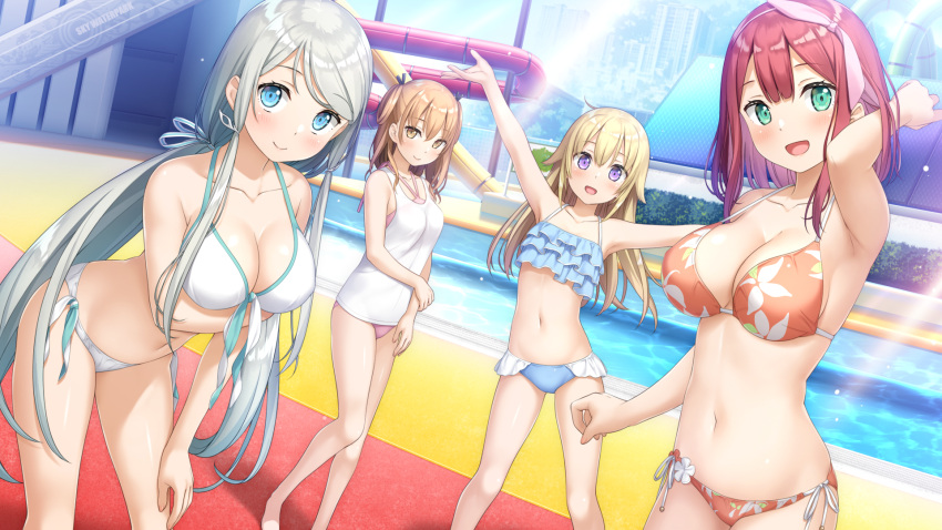 4girls :d arm_up armpits asakura_kirika bare_arms bikini bikini_under_clothes blonde_hair blue_bikini blue_eyes blush bow breast_hold breasts brown_eyes brown_hair cleavage closed_mouth collarbone day feet_out_of_frame floating_hair floral_print frilled_bikini frills front-tie_bikini_top front-tie_top game_cg green_eyes grey_hair hair_between_eyes hair_ribbon hairbow halterneck highres kamisama_no_you_na_kimi_e kantoku lana_liddell-hart leaning_forward light_rays long_hair looking_at_viewer medium_breasts multiple_girls navel open_mouth orange_bikini outdoors outstretched_arms pink_bikini pink_bow pool poolside print_bikini purple_eyes red_hair ribbon shirt side-tie_bikini_bottom sleeveless sleeveless_shirt smile sonomura_hazuki spaghetti_strap standing straight_hair strap_gap string_bikini sunbeam sunlight swept_bangs swimsuit tsukuyomi_(kamikimi) twintails very_long_hair water water_slide white_bikini white_ribbon white_shirt