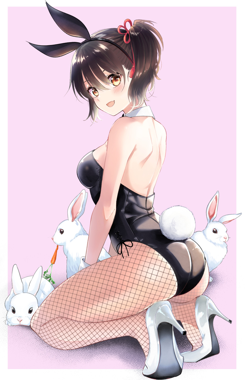 :d absurdres animal animal_ears ass back backless_leotard bare_shoulders black_leotard breasts brown_hair carrot detached_collar fake_animal_ears female fishnet_pantyhose fishnets flower_knot hair_between_eyes hair_ornament hairband high_heels highleg highleg_leotard highres kishuku_gakkou_no_juliet kneeling komai_hasuki large_breasts leotard long_hair looking_at_viewer natsupa oerba_yun_fang open_mouth pantyhose playboy_bunny rabbit rabbit_ears rabbit_tail shoulder_blades side_ponytail smile solo strapless strapless_leotard tail tassel thighs white_footwear wrist_cuffs yellow_eyes