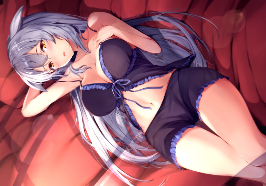 8gou amemachi_watage animal_ears blush breasts cleavage gray_hair long_hair mochipro navel shorts yellow_eyes