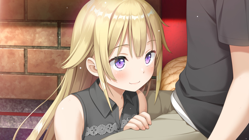 1boy black_shirt blonde_hair blush brick_wall closed_mouth collared_shirt dress_shirt female game_cg grey_pants hand_on_another's_thigh highres imminent_fellatio kamisama_no_you_na_kimi_e kantoku lana_liddell-hart long_hair looking_at_another pants purple_eyes shiromae_kaito shirt short_sleeves sitting sleeveless sleeveless_shirt smile solo_focus straight straight_hair wing_collar