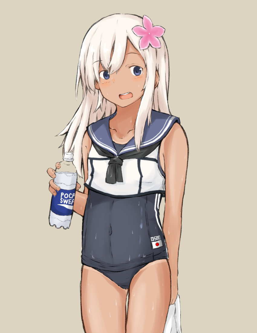 absurdres black_neckerchief blonde_hair blue_eyes bottle chagamaka cowboy_shot crop_top female flower grey_background hair_flower hair_ornament highres kantai_collection long_hair neckerchief one-piece_tan open_mouth pocari_sweat ro-500_(kancolle) round_teeth school_swimsuit simple_background sleeveless solo standing sweat swimsuit swimsuit_under_clothes tan tanlines teeth upper_teeth_only