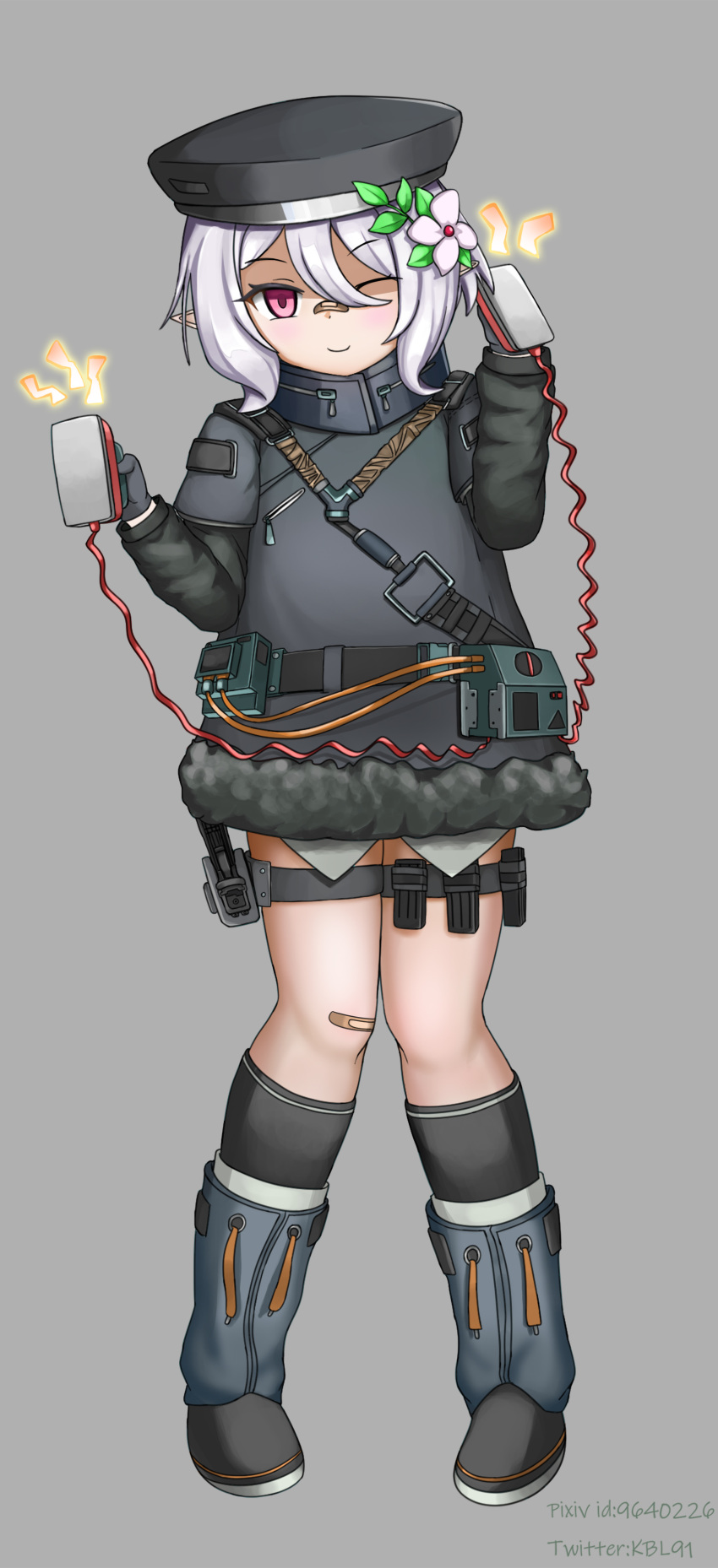 absurdres bandaid bandaid_on_face bandaid_on_knee bandaid_on_leg bandaid_on_nose blush closed_mouth commentary_request cosplay defibrillator elf female flower full_body fur_trim girls'_frontline gun hair_between_eyes hair_flower hair_ornament handgun highres holding hs2000 hs2000_(girls'_frontline) hs2000_(girls'_frontline)_(cosplay) isssboy kokkoro_(princess_connect!) korean_commentary leaf_hair_ornament one_eye_closed pink_eyes pointy_ears princess_connect! shaded_face short_hair smile solo thigh_strap weapon white_hair