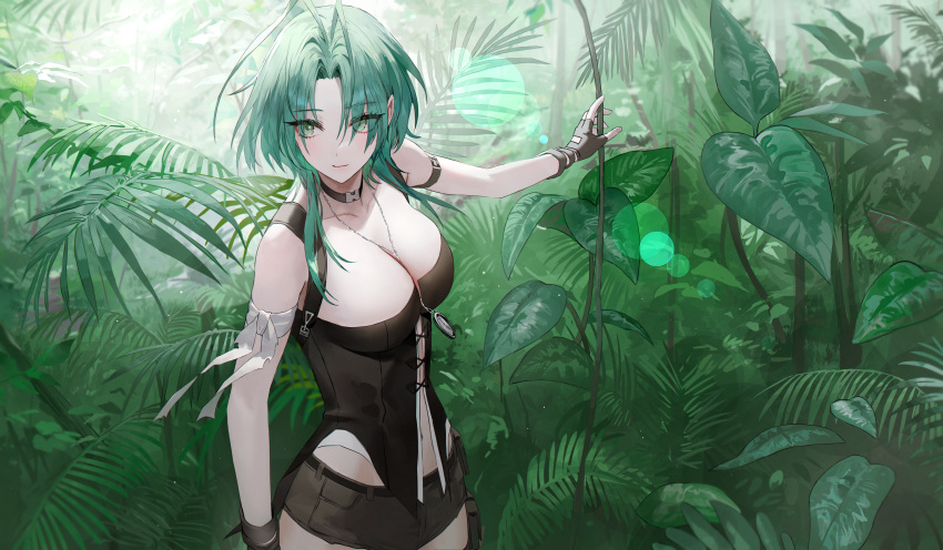 antenna_hair black_gloves black_shorts breasts cleavage clock closed_mouth female fingerless_gloves gloves green_eyes green_hair highres jungle large_breasts looking_to_the_side mantis_(path_to_nowhere) medium_hair muaooooo nature navel outdoors path_to_nowhere shorts solo