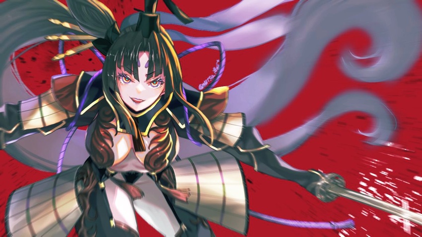 arm_armor armor black_armor black_hair black_hat black_thighhighs breasts cleavage_cutout clothing_cutout colored_eyelashes fate/grand_order fate_(series) female hair_ornament hat holding holding_sword holding_weapon incoming_attack japanese_armor katana long_hair looking_at_viewer medium_breasts multicolored_eyes natsujiru ponytail purple_ribbon red_background ribbon running solo sword taira_no_kagekiyo_(fate) taira_no_kagekiyo_(third_ascension)_(fate) thigh_armor thigh_cutout thighhighs thighs ushiwakamaru_(fate) weapon