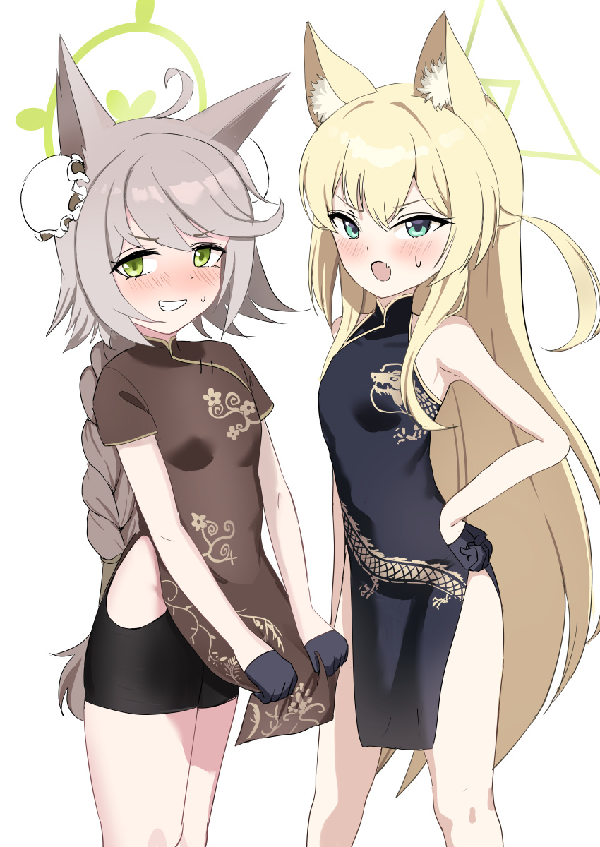 2girls absurdres animal_ears bike_shorts black_dress black_gloves black_shorts blonde_hair blue_archive blush braid breasts brown_dress commentary_request dragon_print dress feet_out_of_frame fox_ears gloves green_eyes green_halo grin halo highres kurumi_(blue_archive) light_brown_hair long_hair mochini multiple_girls open_mouth otogi_(blue_archive) short_sleeves shorts simple_background single_braid sleeveless sleeveless_dress small_breasts smile very_long_hair white_background