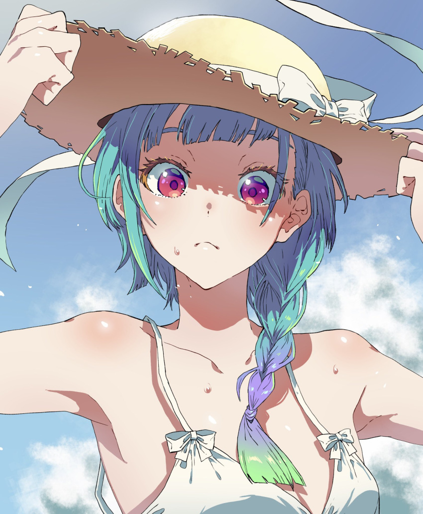 alternate_costume alternate_hairstyle armpits blue_hair blue_sky blunt_bangs bow braid breasts closed_mouth cloud day female gradient_hair green_hair hair_over_shoulder hands_on_headwear hands_up hat highres long_hair looking_at_viewer multicolored_hair omega_auru outdoors pink_eyes pretty_series single_braid sky solo spaghetti_strap straw_hat sun_hat sweat tsujii_luki upper_body waccha_primagi! white_bow