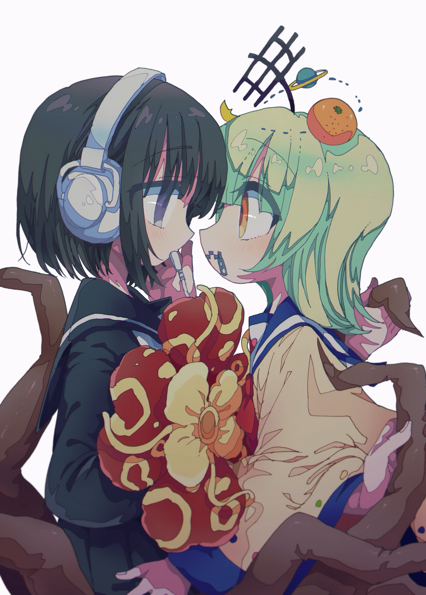 2girls absurdres black_hair black_sailor_collar black_serafuku blue_sailor_collar blunt_bangs blush bob_cut brown_poncho closed_mouth commentary_request extra_arms eye_contact face-to-face flipped_hair floating_headgear flower food fruit green_hair hand_on_another's_face hand_on_another's_hip hand_up headgear headphones highres holding looking_at_another mandarin_orange medium_hair mekziro monster_girl mouth_hold multiple_girls nene_nene nizimine_kakoi orange_eyes orbital_path planet plant_girl plant_roots purple_eyes radio_antenna red_flower sailor_collar school_uniform serafuku short_hair utau zipper zipper_pull_tab