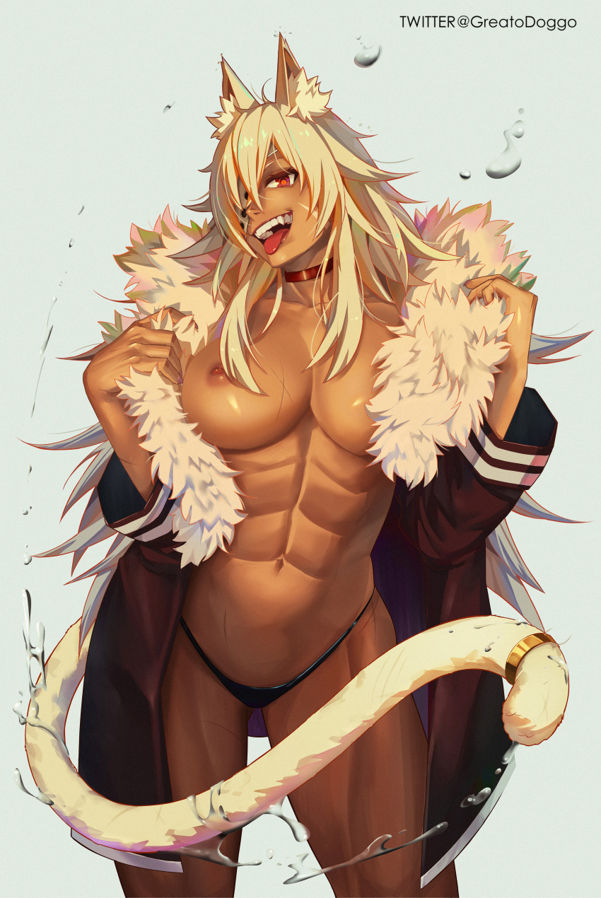 abs absurdres animal_ear_fluff animal_ears ass_visible_through_thighs black_bikini_bottom breasts cat_ears cat_tail coat collar covering_nipples covering_one_nipple covering_privates dark-skinned_female dark_skin eyebrows_hidden_by_hair eyepatch feet_out_of_frame female fur_coat ghislaine_dedoldia greatodoggo highres large_breasts long_hair looking_at_viewer mushoku_tensei nipples open_mouth red_eyes signature solo splashing tail tail_ornament tail_ring teeth toned tongue tongue_out upper_teeth_only very_long_hair white_hair wide_sleeves