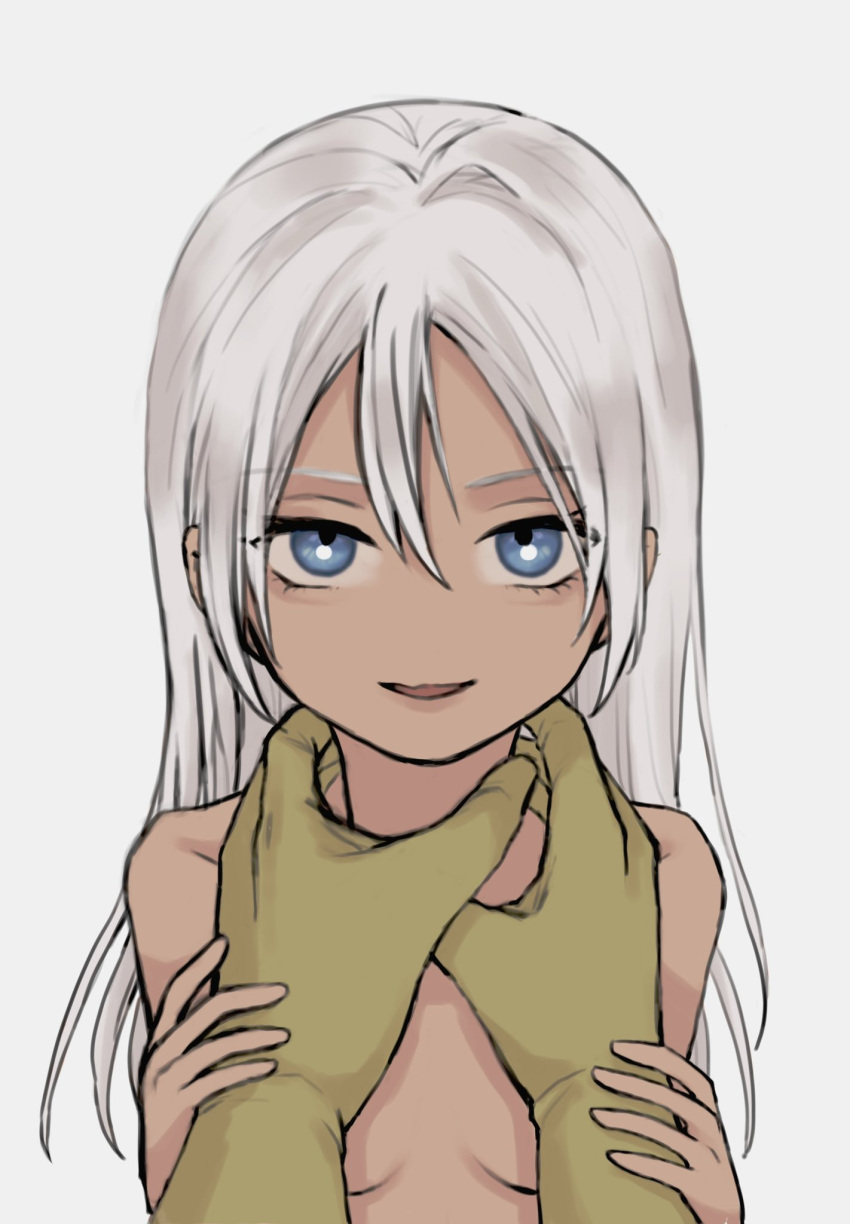 1boy blue_dragon blue_eyes breasts chamuel_zola completely_nude dark-skinned_female dark_skin female gloves guided_neck_grab highres logi_(blue_dragon) long_hair looking_at_viewer nude open_mouth pov simple_background smile white_background white_hair zola_(blue_dragon)