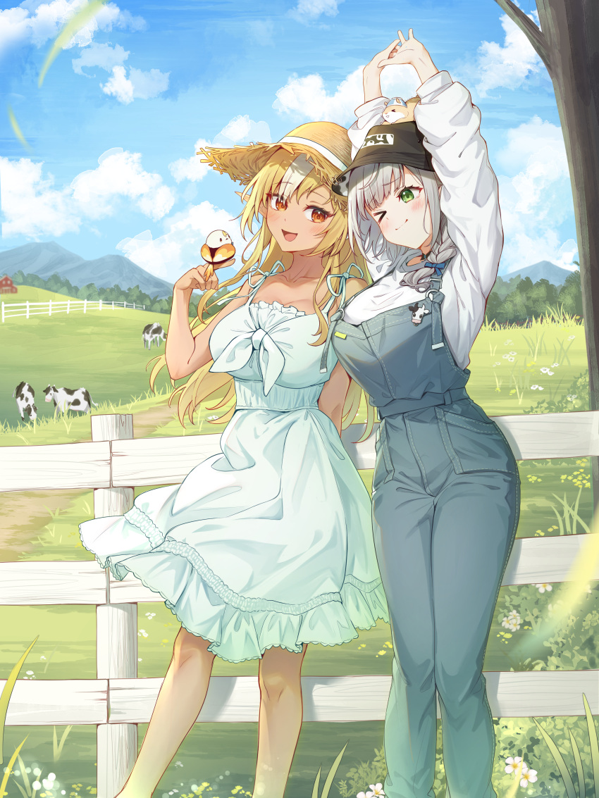 2girls absurdres alternate_costume arms_up bare_shoulders blonde_hair blue_overalls blue_sky blush bovine braid breasts cleavage cloud cloudy_sky collarbone dan'in-san_(shirogane_noel) dark-skinned_female dark_skin dress elf elfriend_(shiranui_flare) farm feet_out_of_frame fence grass green_eyes grey_hair hair_over_shoulder hat highres hololive large_breasts leaning_to_the_side long_hair long_sleeves looking_at_viewer multicolored_hair multiple_girls one_eye_closed open_mouth orange_eyes outdoors overalls pointy_ears shiranui_flare shirogane_noel shirt side-by-side sky smile standing straw_hat streaked_hair stretching sun_hat sundress tang-du virtual_youtuber white_dress white_hair white_shirt wooden_fence