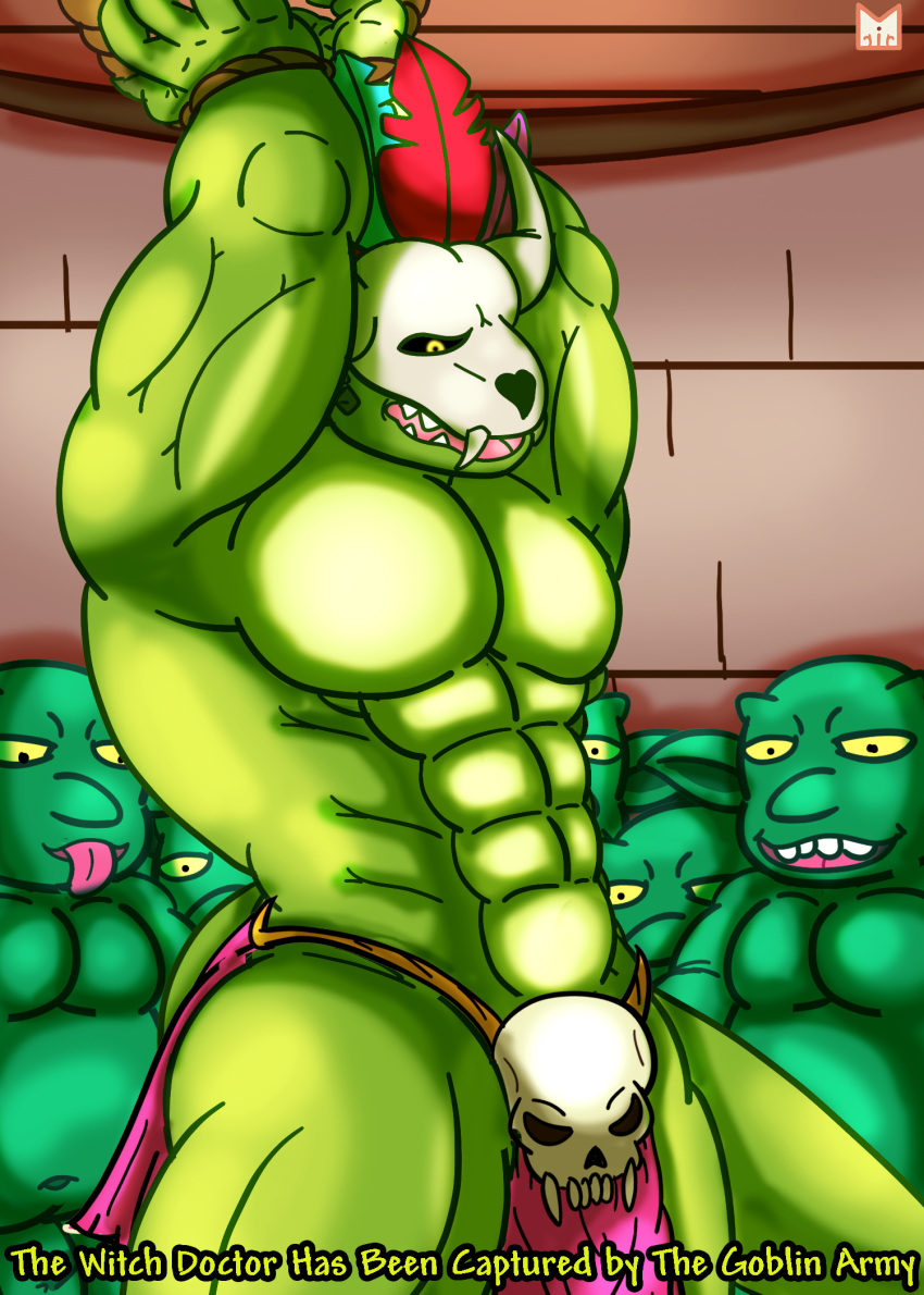 anthro bone bottomwear bound clothing digital_media_(artwork) genitals goblin green_body green_skin group group_sex hands_tied hi_res humanoid lizardman loincloth male male/male penis penis_base red_panda_mirr rope scalie sex simple_background skull terraria witch_doctor_(terraria) wrists_tied