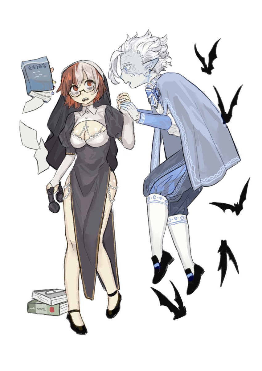 1girls 1other alternate_costume ambiguous_gender belaf cleavage female full_body glasses habit made_in_abyss nun nun's_habit nun_outfit oriole78044016 pale-skinned_female pale_skin pelvic_curtain red_eyes red_hair short_hair standing sweatdrop two_tone_hair vampire vueko white_body white_hair white_skin