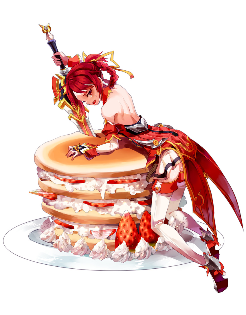 armor armored_dress bad_id bad_pixiv_id bare_back bare_shoulders braid detached_sleeves elesis_(elsword) elsword female folded_braid food fruit full_body highres mellchi mini_person minigirl pancake plate red_eyes red_hair saber_knight_(elsword) shoes short_hair skirt smile solo strawberry sword thighhighs weapon whipped_cream white_background white_skirt white_thighhighs