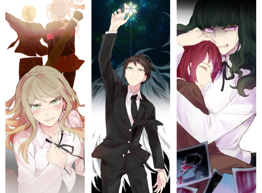 3boys 4girls back black_hair blonde_hair blush braid brown_hair chiyo_(min0yoko) closed_eyes commentary_request crying crying_with_eyes_open danganronpa_(series) danganronpa_3_(anime) formal freckles green_eyes hinata_hajime hope's_peak_academy_school_uniform hug kamukura_izuru koizumi_mahiru kuzuryu_fuyuhiko kuzuryu_natsumi long_hair multiple_boys multiple_girls pekoyama_peko photo_(object) purple_eyes red_hair satou_(danganronpa) school_uniform short_hair silver_hair spoilers suit tears twin_braids