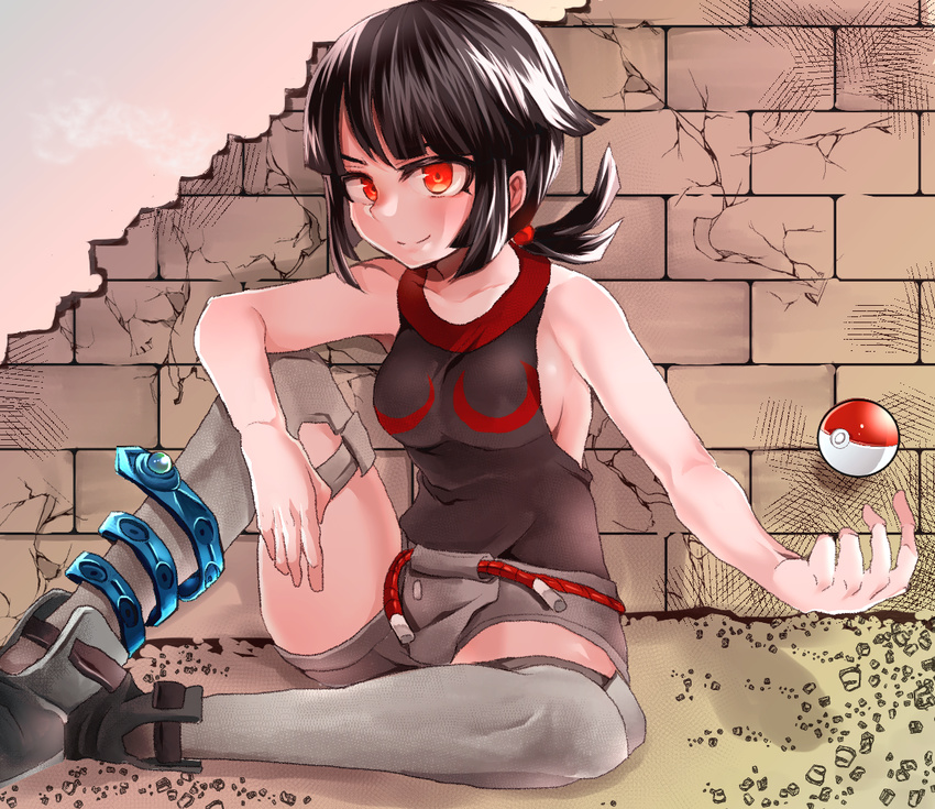 alternate_skin_color bare_shoulders black_hair commentary_request female hashimoto_(soukidann2010) poke_ball poke_ball_(basic) pokemon pokemon_oras red_eyes sitting solo zinnia_(pokemon)