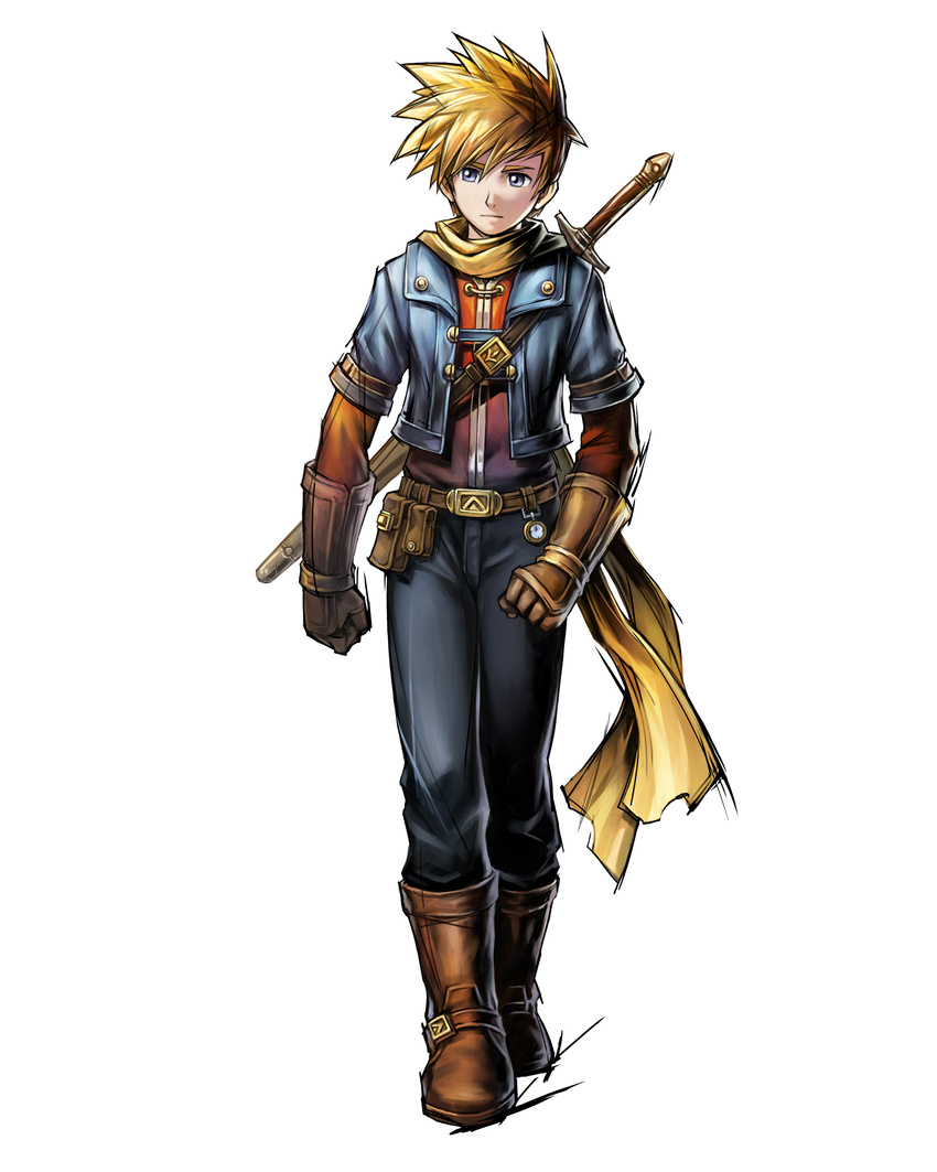 1boy absurdres artist_request blonde_hair blue_eyes gloves golden_sun golden_sun:_dark_dawn highres male_focus matthew_(golden_sun) official_art photoshop_(medium) sash solo spiked_hair sword weapon