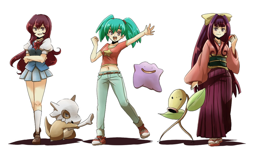 3girls akasata aqua_hair bad_id bad_pixiv_id ball bellsprout bone brown_hair crop_top cubone ditto duplica_(pokemon) giselle_(pokemon) holding holding_ball holding_bone holding_poke_ball japanese_clothes jeanette_fisher midriff multiple_girls navel poke_ball poke_ball_(basic) pokemon pokemon_(anime) pokemon_(classic_anime) pokemon_(creature) purple_hair school_uniform skirt smile