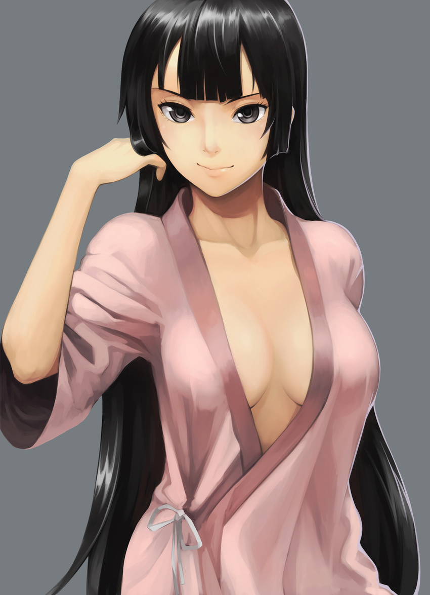 black_eyes black_hair breasts cleavage collarbone commentary_request female grey_background hand_in_own_hair highres hime_cut lips long_hair medium_breasts original otosama photoshop_(medium) robe simple_background smile solo