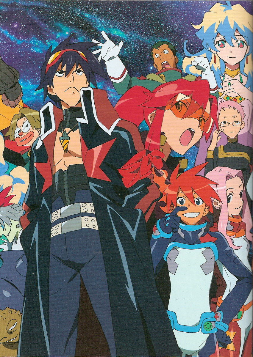 4girls 5boys attenborough_cortitch cybela_kuto cytomander darry_adai dayakka gimmy_adai guame highres multiple_boys multiple_girls nia_teppelin nishigori_atsushi official_art scan simon_(ttgl) space tengen_toppa_gurren_lagann yoko_littner