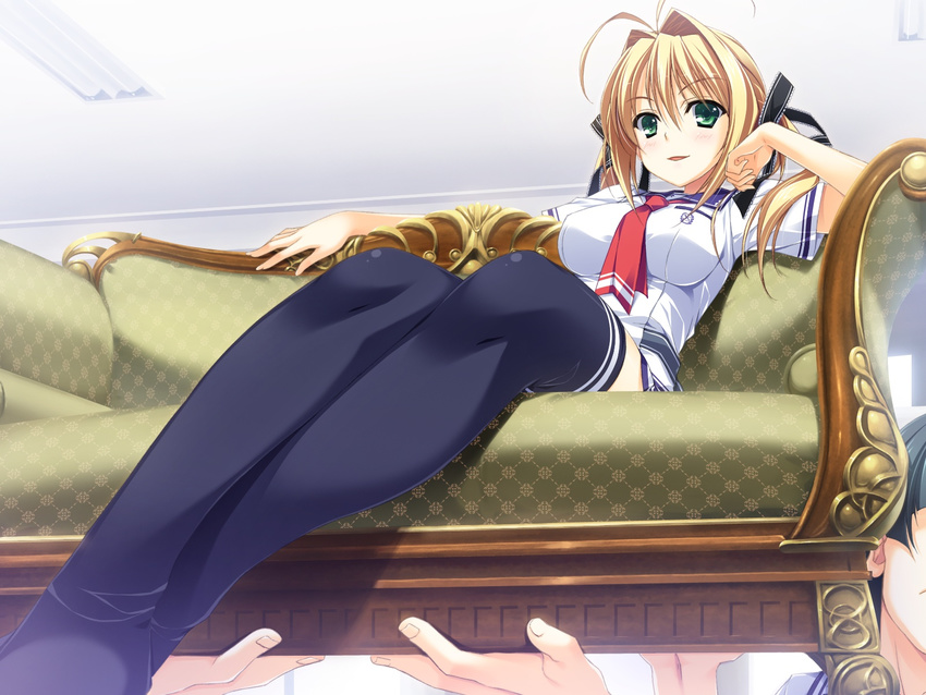 2boys antenna_hair bare_arms black_legwear black_ribbon blonde_hair blouse blush breasts carrying ceiling ceiling_light character_name couch feet_out_of_frame female fingernails from_below green_eyes hair_intakes hair_over_shoulder hair_ribbon head_rest highres indoors kamiyama_reika kourin_no_machi_lavender_no_shoujo leaning_back legs long_hair looking_at_viewer looking_down medium_breasts microskirt multiple_boys neckerchief out_of_frame outstretched_arm parted_lips red_neckerchief ribbon school_uniform shirt short_sleeves sitting skirt smile solo_focus thighhighs twintails white_shirt yuuki_hagure