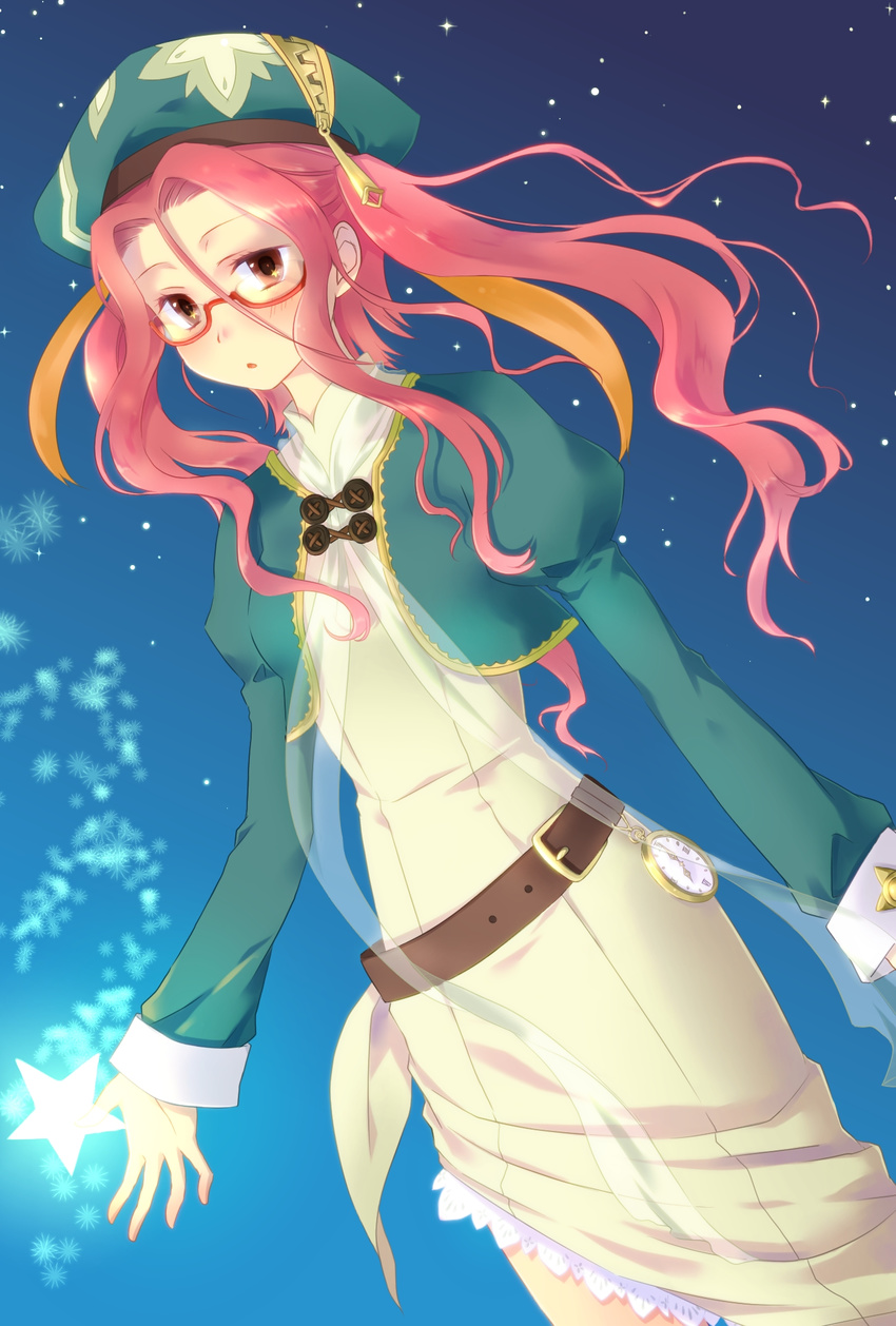 bad_id bad_pixiv_id belt blush clock dress drop_(rune_factory) female glasses hat highres long_hair okitsune_(okitsune-sama) red_hair rune_factory rune_factory_frontier solo twintails zipper