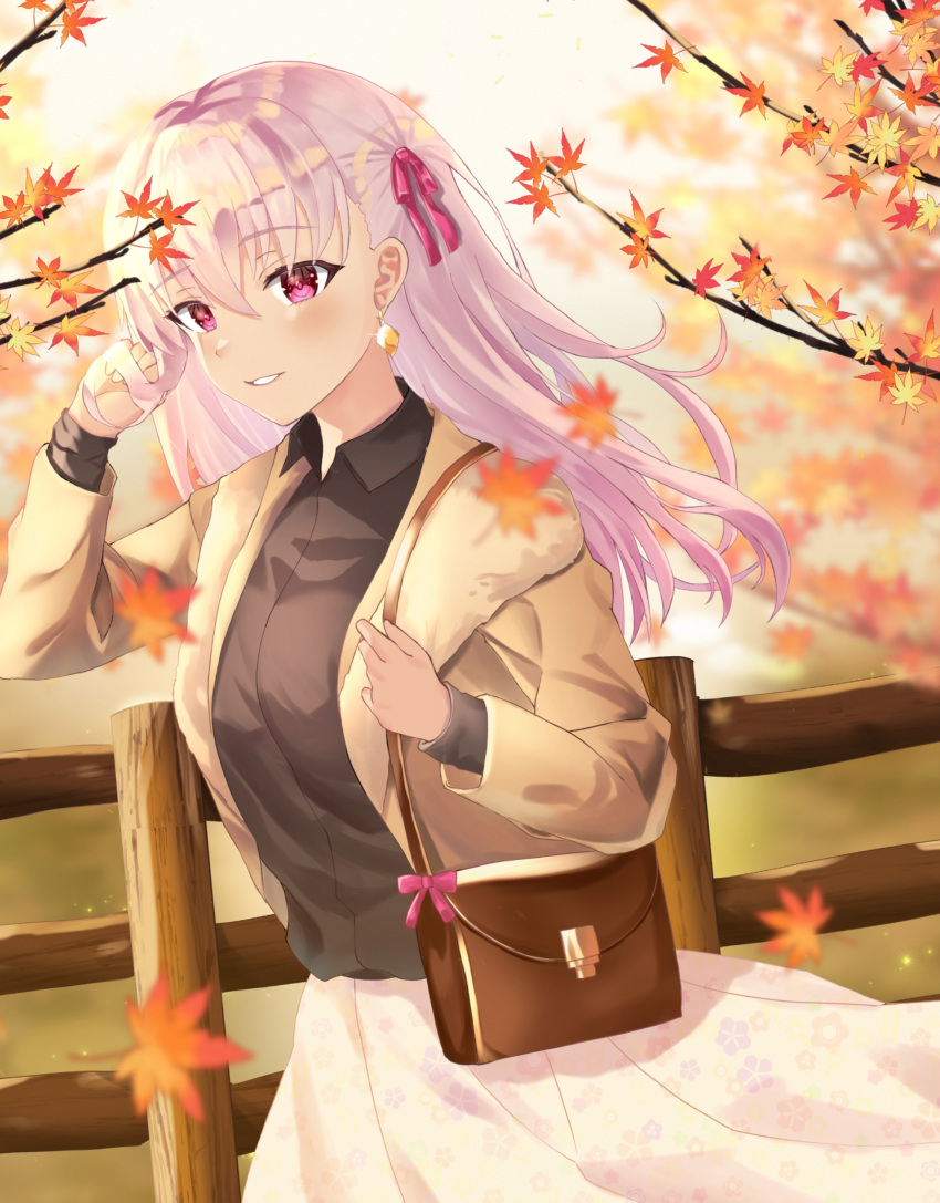 absurdres autumn_leaves bad_id bad_pixiv_id blush breasts coat contemporary earrings fate/grand_order fate_(series) female hair_ribbon highres jewelry kama_(fate) large_breasts leaf long_hair looking_at_viewer maple_leaf outdoors red_eyes ribbon smile solo soukoku white_hair