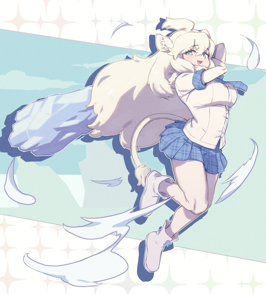 action animal_ears big_hair blue_bow blue_eyes blue_neckwear blue_skirt boots bow club_(weapon) commentary_request elbow_gloves female footwear_bow gloves highres ice jewelry kadoyuki_(kadouki) kemono_friends kemono_friends_3 lion_ears lion_girl lion_tail long_hair looking_at_viewer midair necklace pantyhose plaid plaid_neckwear plaid_skirt plaid_trim pleated_skirt shirt shoes short_sleeves skirt solo t-shirt tail weapon white_footwear white_gloves white_hair white_lion_(kemono_friends) white_pantyhose white_shirt