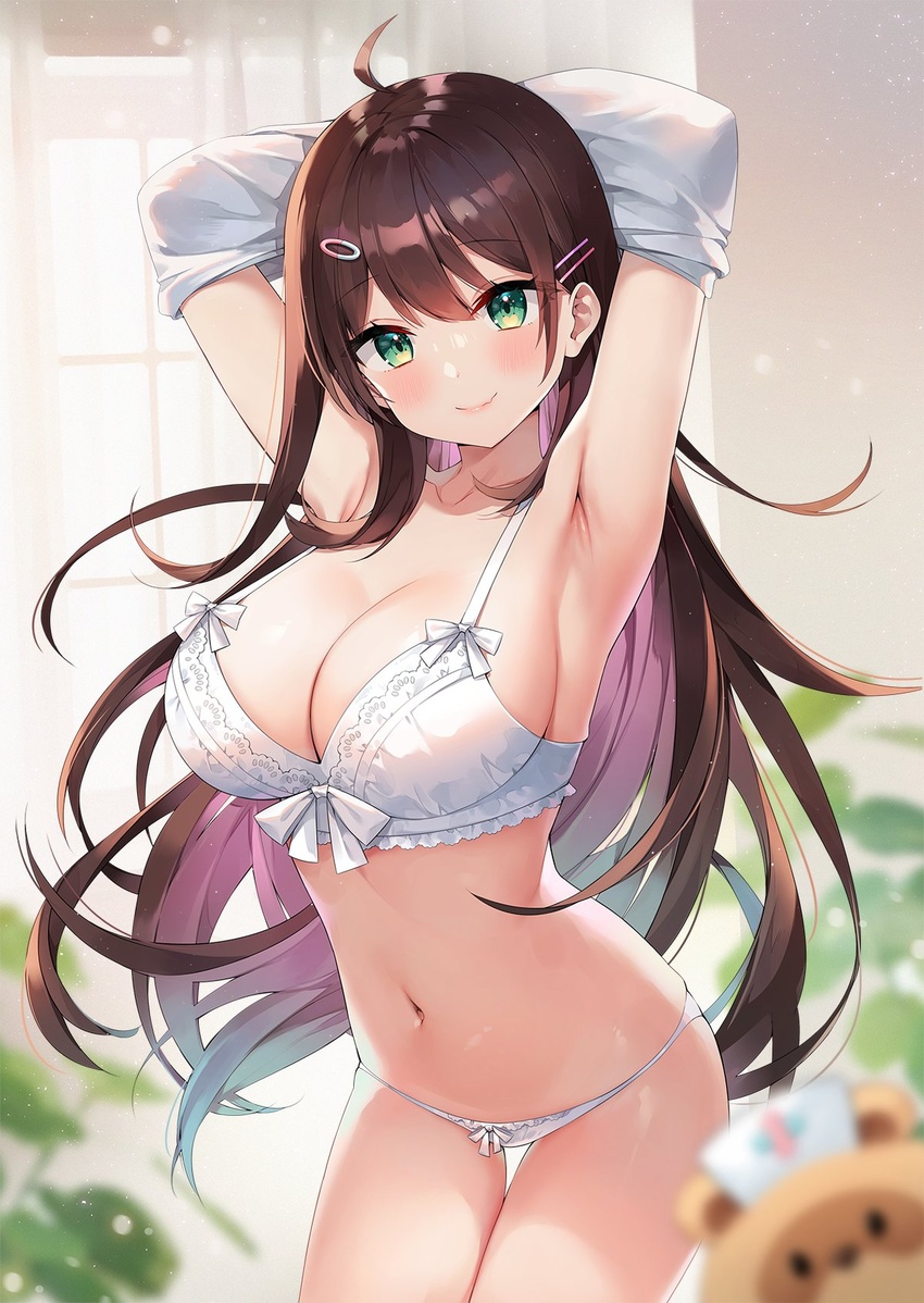 ahoge armpits arms_behind_head arms_up ayamy bare_shoulders bra breasts brown_hair cleavage commentary cowboy_shot female green_eyes hair_ornament hairclip hanamori_healthy highres indie_virtual_youtuber large_breasts lingerie long_hair looking_at_viewer navel oerba_yun_fang panties shirt smile solo stomach string_bra string_panties thigh_gap thighs underwear underwear_only undressing very_long_hair virtual_youtuber white_bra white_panties white_shirt