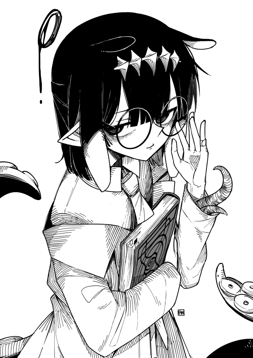 a:n_(angrynum) adjusting_eyewear alternate_hair_length alternate_hairstyle ao-chan_(ninomae_ina'nis) bags_under_eyes blunt_bangs book closed_mouth coat commentary female glasses gradient_hair greyscale hair_ornament hand_on_eyewear highres holding holding_book hololive hololive_english lab_coat looking_at_viewer monochrome multicolored_hair necktie ninomae_ina'nis official_alternate_costume pointy_ears round_eyewear short_hair sidelocks simple_background solo symbol-only_commentary tentacle tentacle_hair upper_body virtual_youtuber watermark white_background