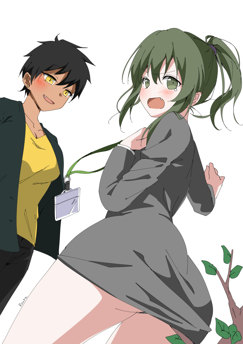 2girls absurdres ass black_hair black_jacket black_pants blush branch breasts cleavage dark-skinned_female dark_skin green_eyes green_hair grey_skirt hand_up highres id_card igarashi_futaba_(shiromanta) jacket kurobe_natsumi_(shiromanta) looking_at_another looking_at_viewer looking_back multiple_girls no_legwear oerba_yun_fang office_lady pants pencil_skirt ponytail ryuka senpai_ga_uzai_kouhai_no_hanashi shirt short_hair simple_background skirt smile standing tearing_up white_background yellow_eyes yellow_shirt