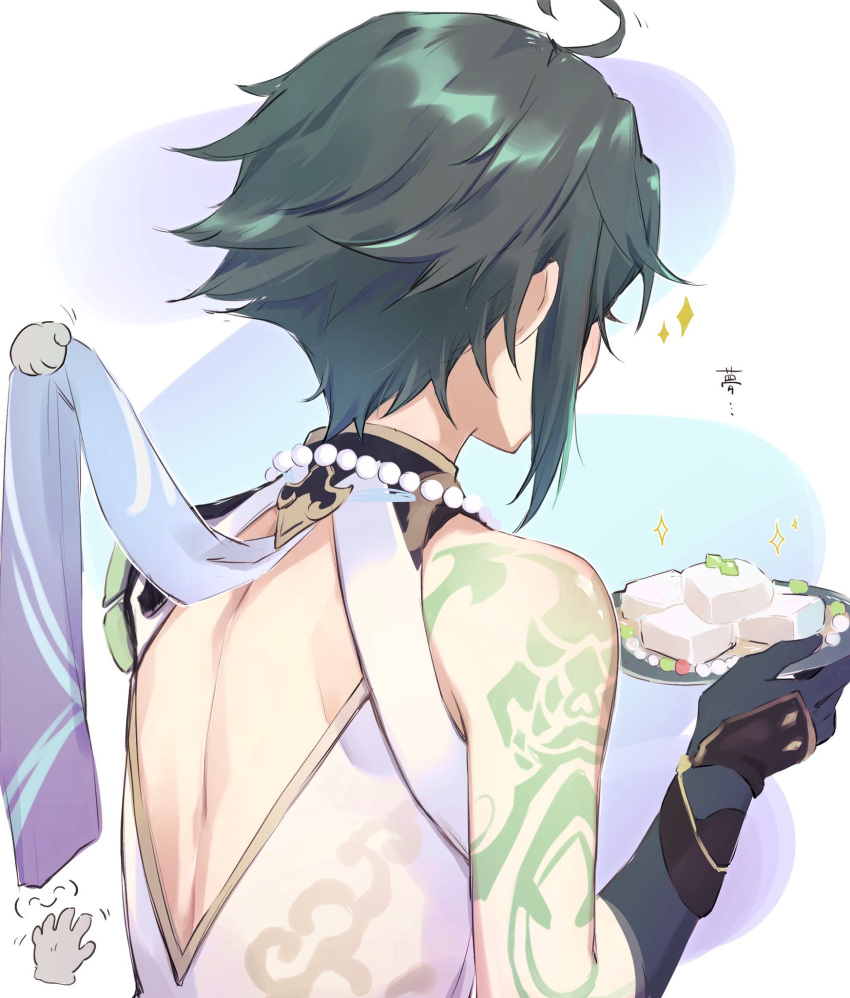 "sweet_dream"_(genshin_impact) 1boy ahoge arm_tattoo back bead_necklace beads food from_behind genshin_impact gloves green_hair gumilkx highres holding holding_plate jewelry male_focus necklace plate simple_background sleeveless solo sparkle tattoo tofu xiao_(genshin_impact)