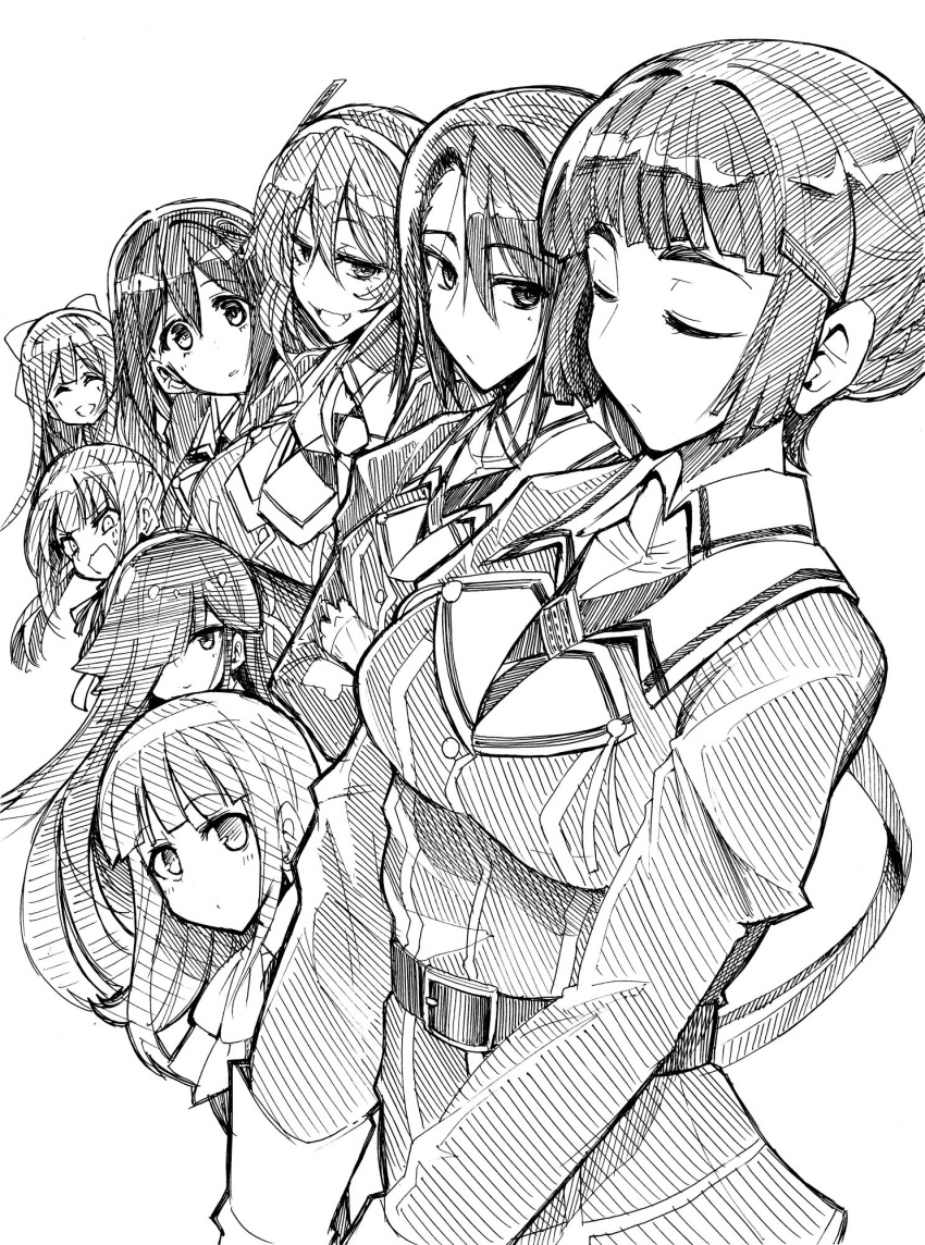 6+girls ^_^ ashigara_(kancolle) ashigara_kai_ni_(kancolle) belt blunt_bangs bow closed_eyes commentary from_side greyscale haguro_(kancolle) haguro_kai_ni_(kancolle) hair_between_eyes hair_bun hair_ornament hair_over_one_eye hairband hairbow hairclip hatsukaze_(kancolle) hayashimo_(kancolle) highres kamikaze_(kancolle) kantai_collection kasumi_(kancolle) long_hair looking_at_viewer monochrome multiple_girls myoukou_(kancolle) myoukou_kai_ni_(kancolle) nachi_(kancolle) nachi_kai_ni_(kancolle) oerba_yun_fang side_ponytail single_hair_bun smile tsuji_kazuho wavy_hair