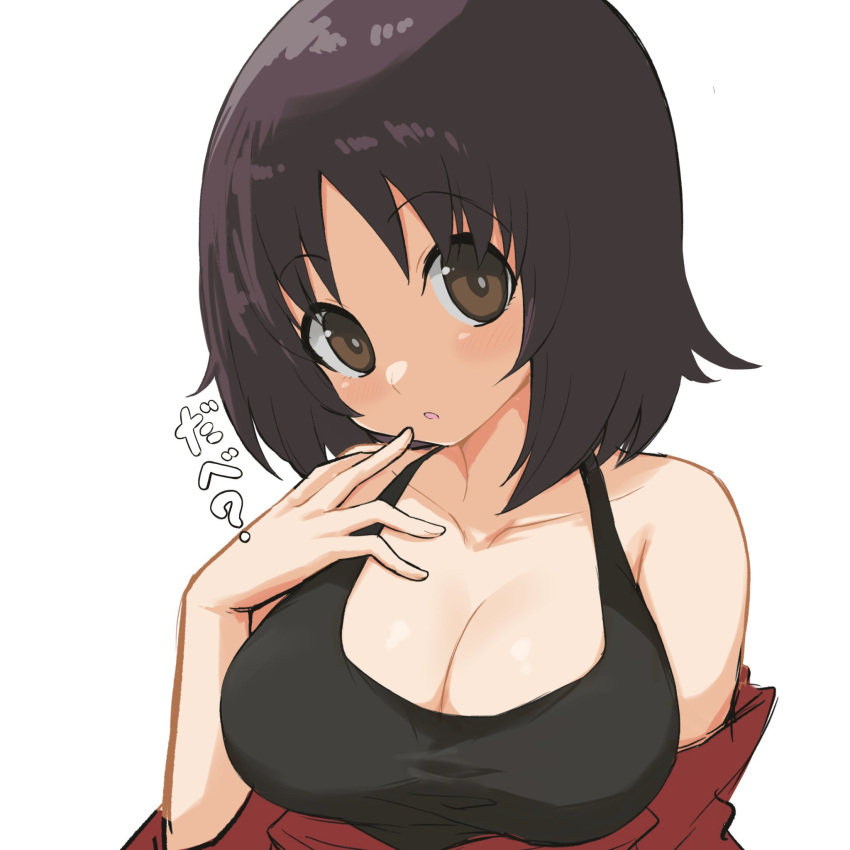 :o alina_(girls_und_panzer) black_shirt breasts brown_eyes brown_hair cleavage clothes_pull commentary female finger_to_mouth girls_und_panzer head_tilt highres large_breasts looking_at_viewer medium_hair one-hour_drawing_challenge parted_lips red_shirt shirt shirt_pull simple_background solo tank_top translated upper_body white_background yabai_gorilla