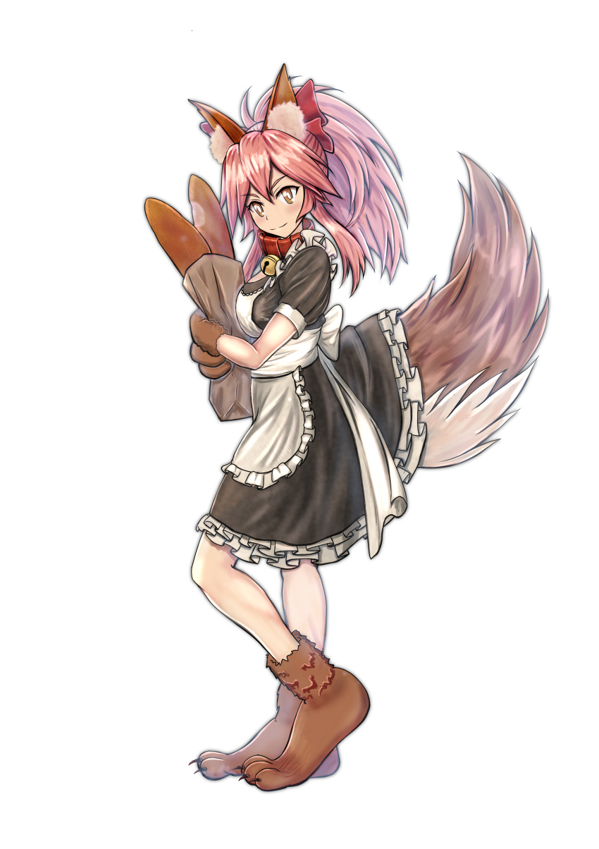 absurdres alternate_costume animal_ear_fluff animal_ears animal_hands apron auglish baguette bell blush bread breasts cat_paws chopsticks collar commentary_request enmaided fate/grand_order fate_(series) female food fox_ears fox_girl fox_tail frills gloves hair_ribbon highres jingle_bell large_breasts long_hair looking_at_viewer maid maid_apron neck_bell paw_gloves paw_shoes pink_hair ponytail red_ribbon ribbon shoes solo tail tamamo_(fate) tamamo_cat_(fate) tamamo_cat_(second_ascension)_(fate) waist_apron white_apron yellow_eyes